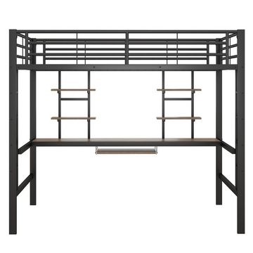 Odikalo Hochbett Metallbettgestell Eisen Schreibtisch 2 Bücherregalen 140x200cm Schwarz