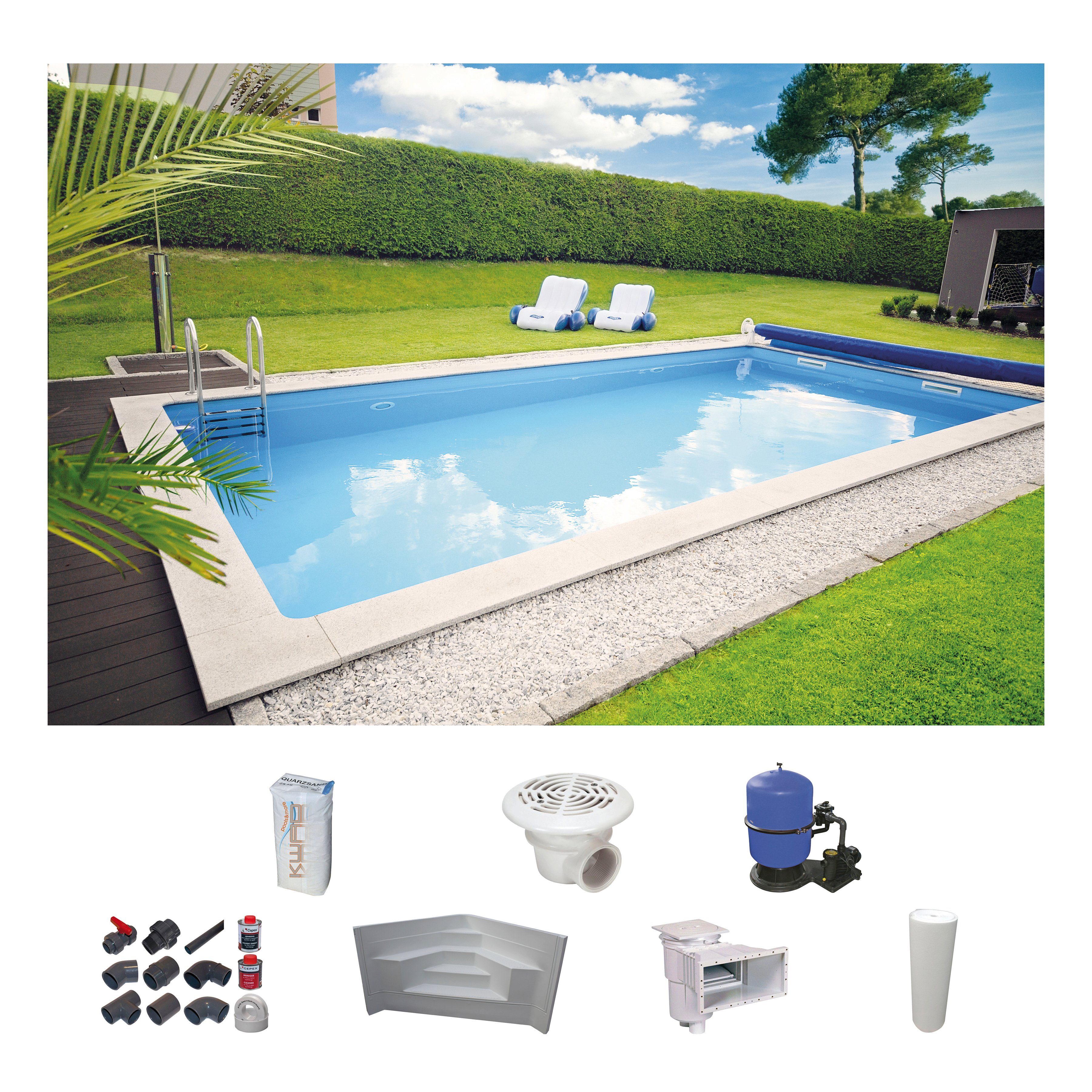 KWAD Rechteckpool mit Ecktreppe (Set), 8x4, 7x3,5 oder 6x3m Höhe: 1,50m, mit Foliensack 0,8mm