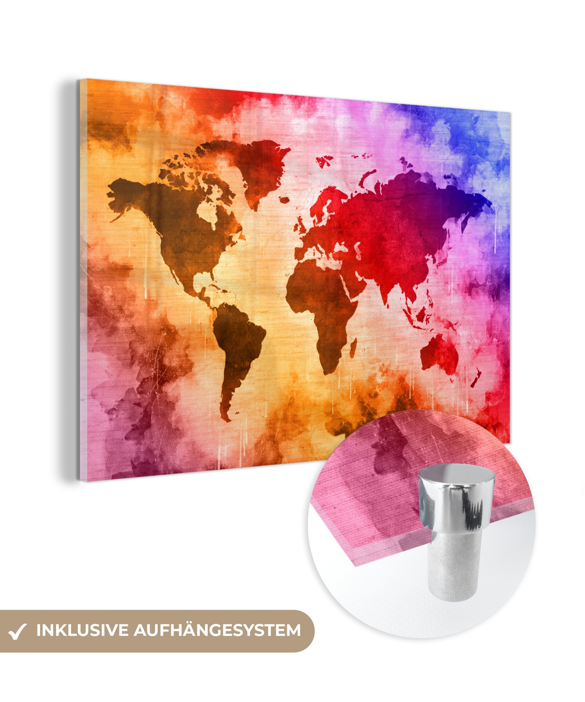 MuchoWow Acrylglasbild Weltkarte - Farbe - Abstrakt, (1 St), Glasbilder - Bilder auf Glas Wandbild - Foto auf Glas - Wanddekoration