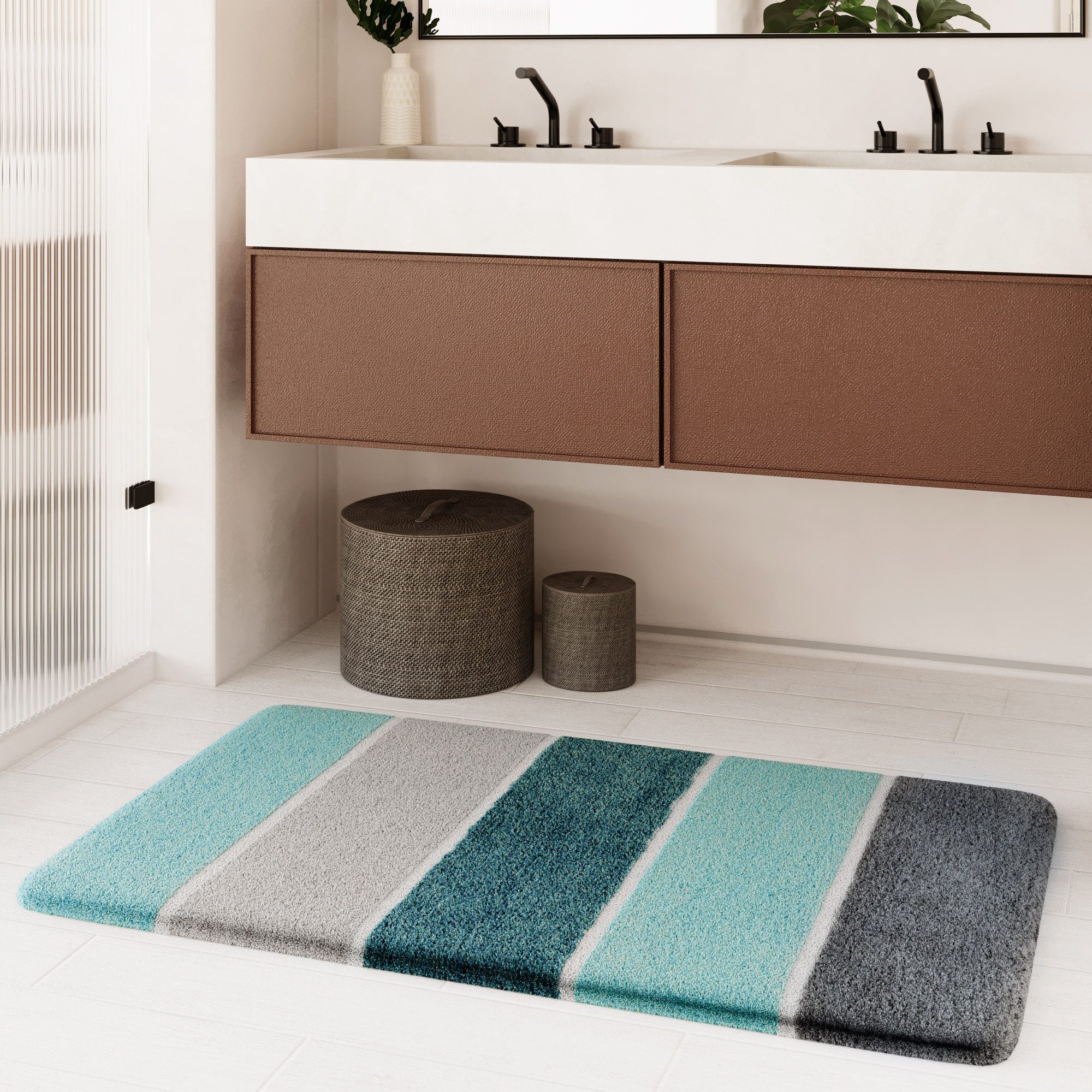 Homie Living Badematte Rio Marina, Höhe 30 mm, rutschhemmend beschichtet, fußbodenheizungsgeeignet, schnell trocknend, Polyester, rechteckig, flauschiger Badteppich, modern gestreift, waschbar, Badezimmerteppich