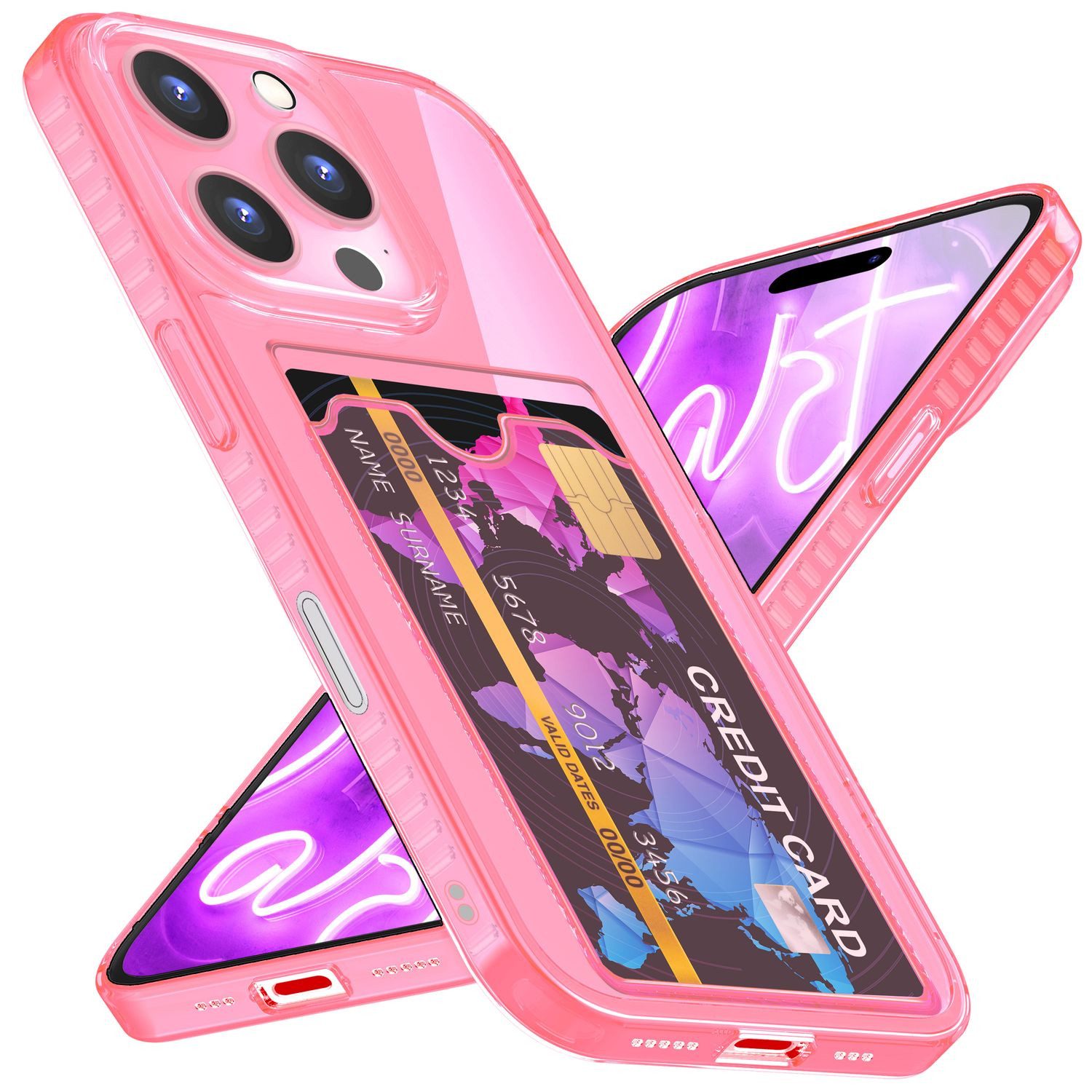 Nalia Smartphone-Hülle Apple iPhone 16 Pro Max 17,5 cm (6,9 Zoll), Klare Neon Silikon Hülle mit Kartenfach / Durchsichtig Bunt Leuchtend