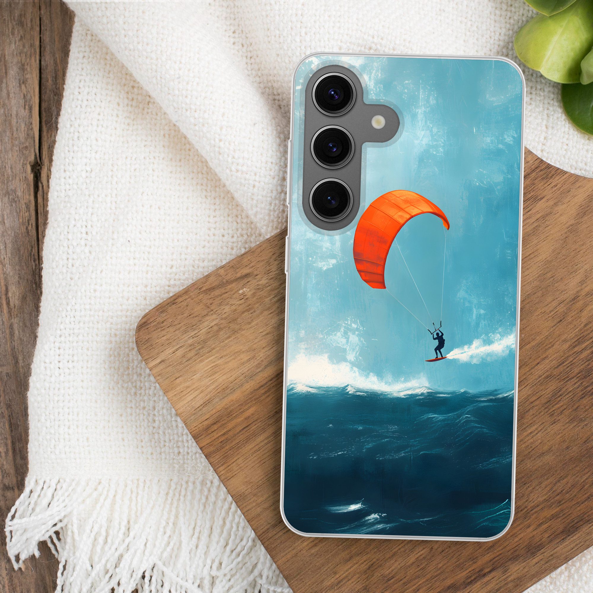 MuchoWow Handyhülle für Samsung Galaxy S24 Kitesurfer - Orange - Meer - Himmel, Phone Case, Silikon, Schutzhülle Dünn