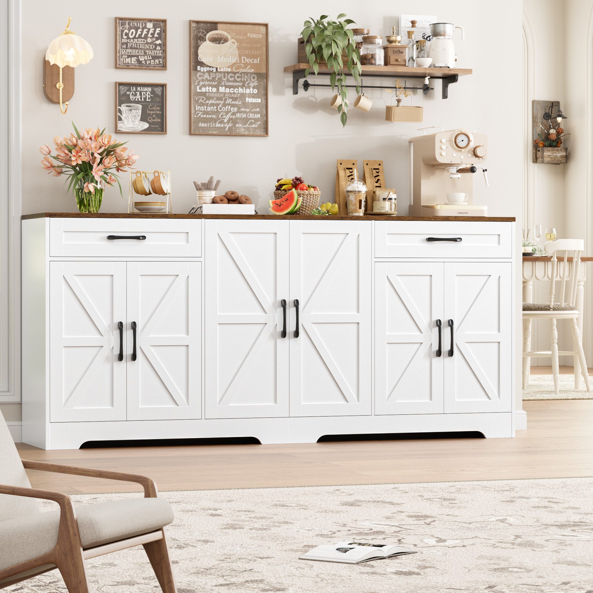 HOMECHO Sideboard, 180 cm breit Küchenschrank mit Arbeitsplatte, 6 Türen und 2 Schubladen