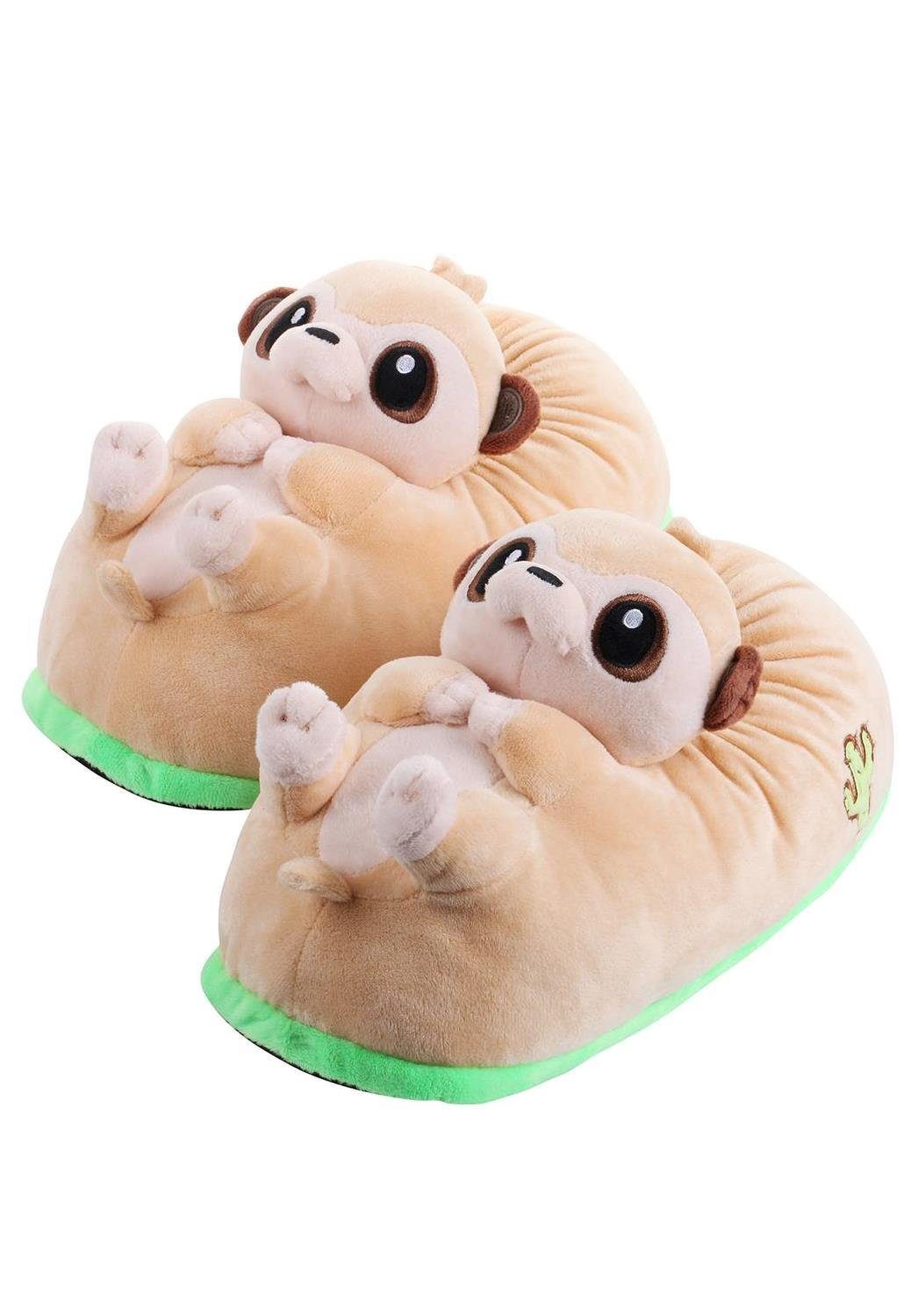 Corimori Tier Pantoffeln für Erwachsene Einheitsgröße 34-44 Plüsch Hausschuhe (Packung, Geschenk) EU Einheitsgröße 34-44, Erdmännchen Joey, für Kinder und Erwachsene