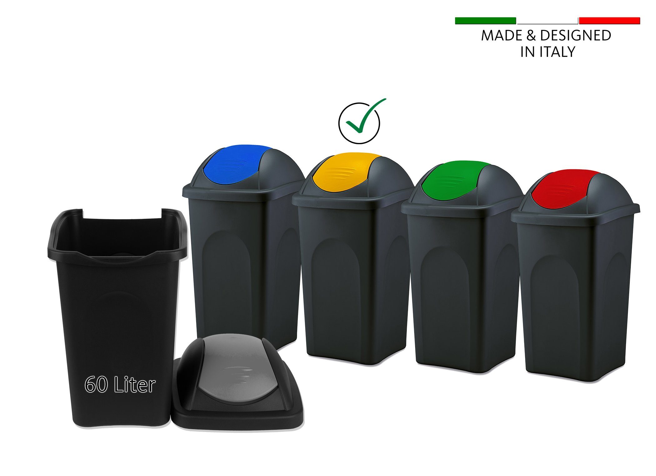 BigDean Mülleimer 60 L XL schwarz Gelb Schwingdeckel Müllsammler Abfalleimer Mülltonne, XL Mülleimer, Schwingdeckel, 60L, Dezente Optik