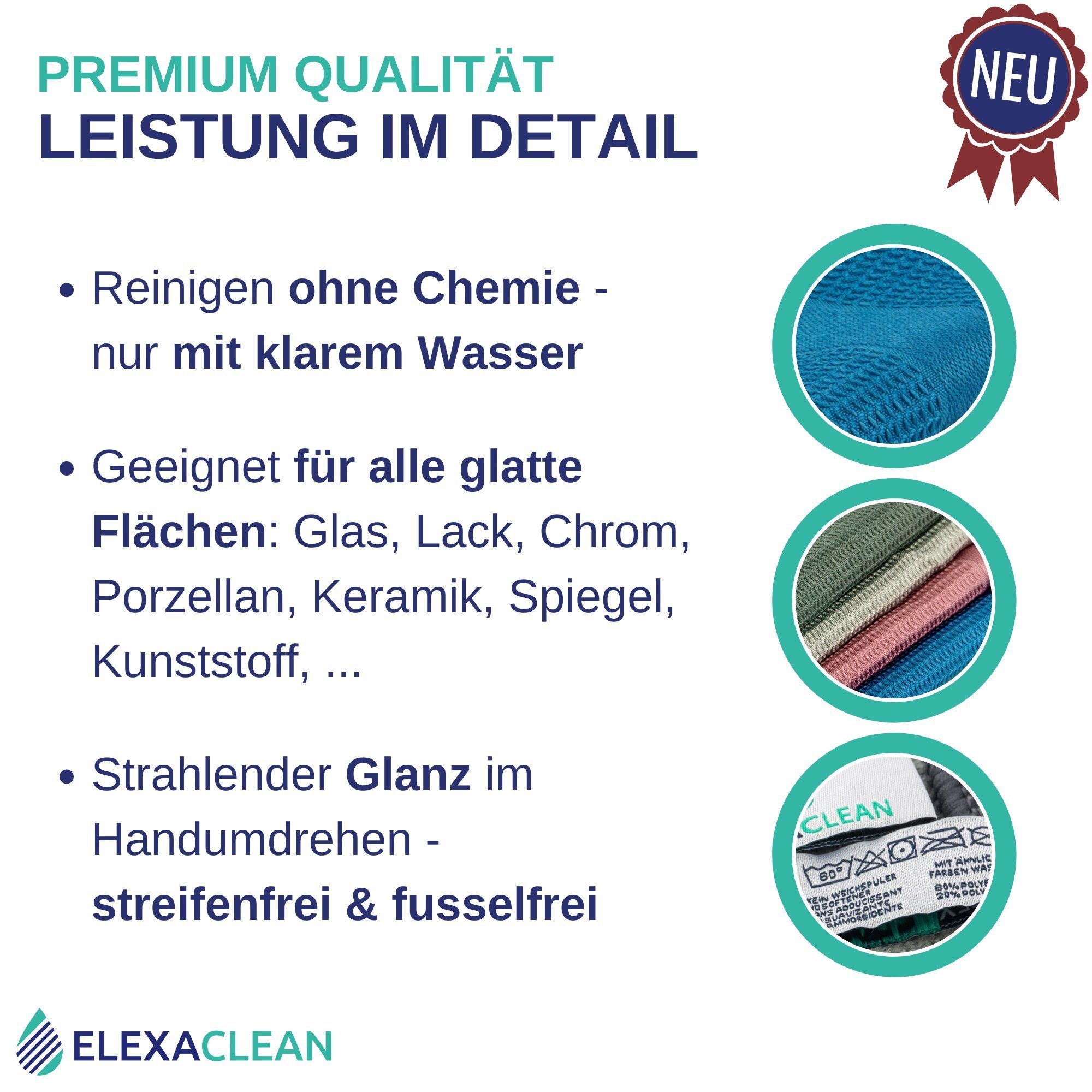 ELEXACLEAN WUNTU Universal Mikrofasertuch (80% Polyester, 20% Polyamid (Mikrofaser), 40x55 cm, Set, 8-tlg., mehrfarbig, streifenfrei, fusselfrei, reinigt nur mit Wasser)