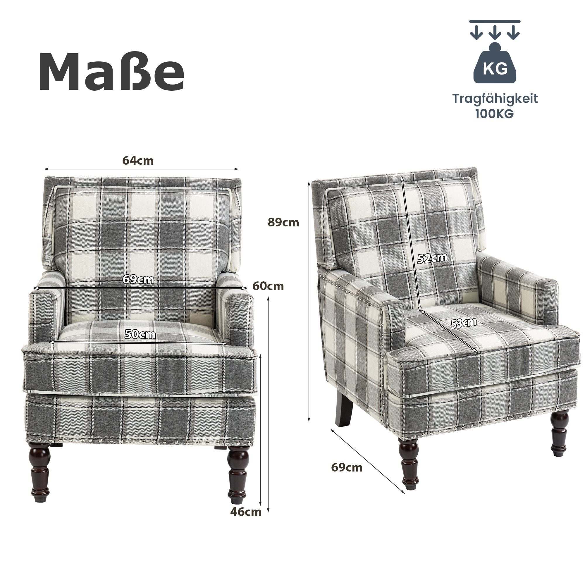 KLAM HOME Loungesessel Retro-Sessel aus blau-weiß gestreiftem Baumwoll-Leinenstoff (Wohnzimmer Sessel mit edler Nagelkopfeinfassung & Massivholzrahmen), Bequemer Polster-Sessel mit Hochdicht-Schaum für stilvolle Innenräume