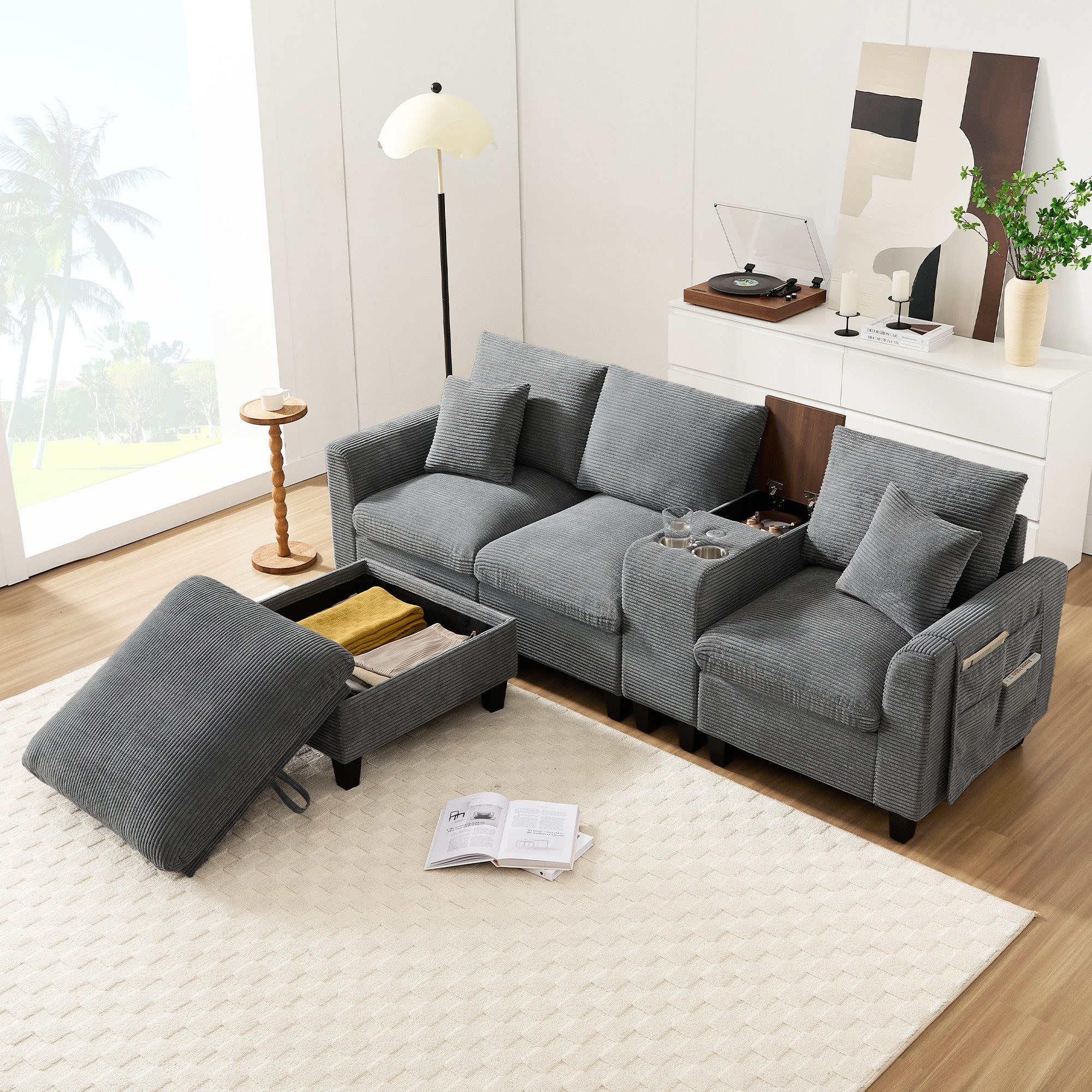 Merax Sofa L-Form Ecksofa mit Stauraumhocker & USB-Anschlüssen, Modernes Sofa für Wohnzimmer und kleine Räume 1 Teile, Sofa mit 2 Getränkehaltern, Seitentaschen & Kissen, Cordstoff