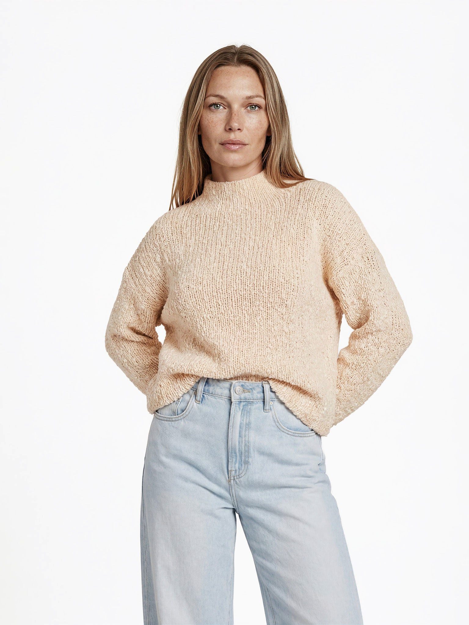 Himalaya Clothing Strickpullover Damen Woll Baumwollmix Stehkragen Langarm Relaxed Fit Grobmasche mit überschnittenen Schultern und voluminösen Ärmeln