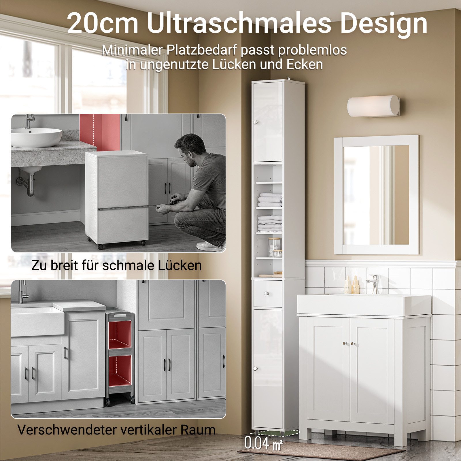 SoBuy Hochschrank BZR167, Badezimmerschrank schmal, Hochglanz Weiß, 20cm schmal Badregal Platzsparender Nischenschrank, verstellbare Ablagen, offenes Fach – Bild 5 von 5