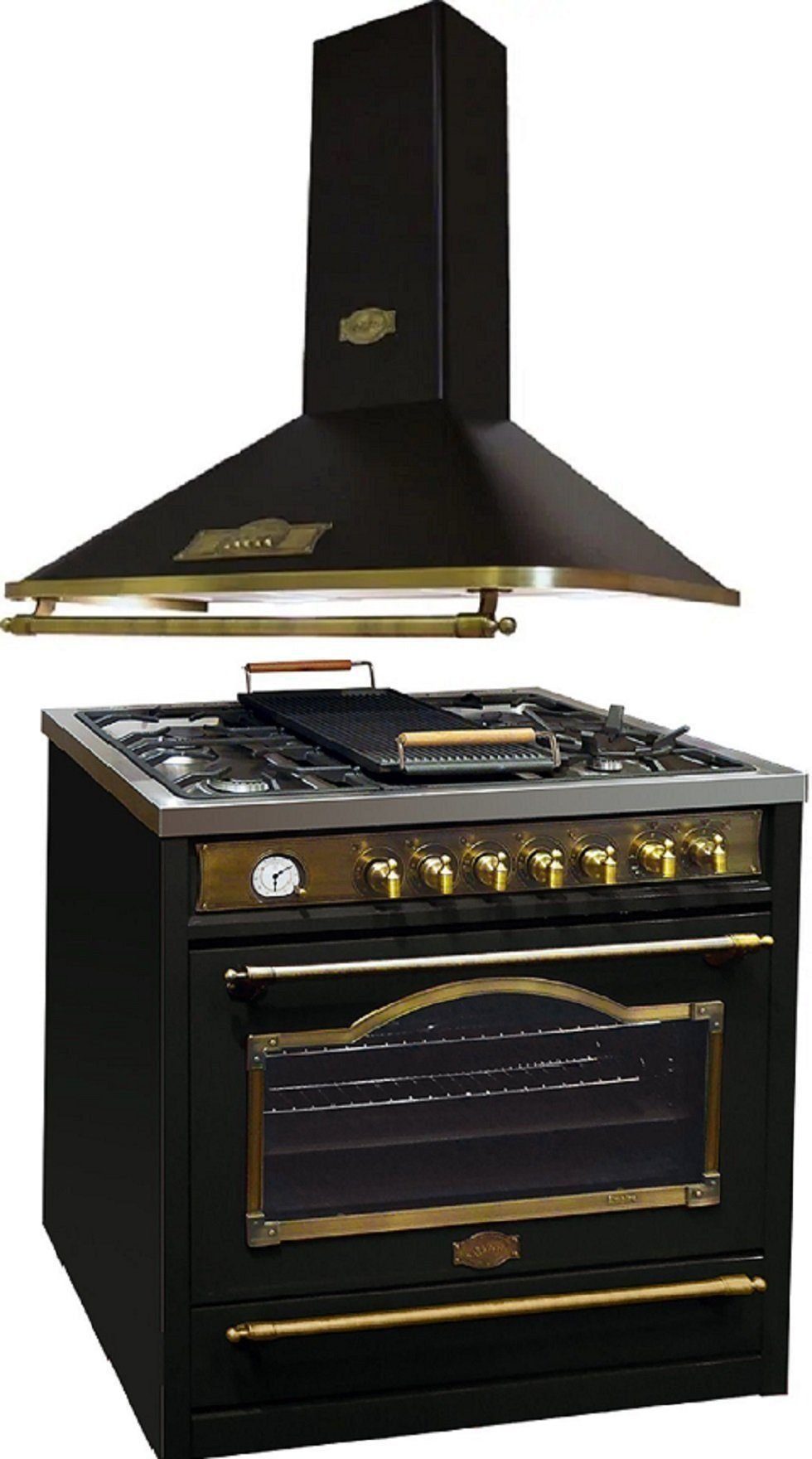 Kaiser Küchengeräte Gasherd-Set HGE 93555 Em+A 9315 Em, mit 1-fach-Teleskopauszug, Retro Gas Elektro Standherd 90 cm +Dunstabzugshaube 90 cm