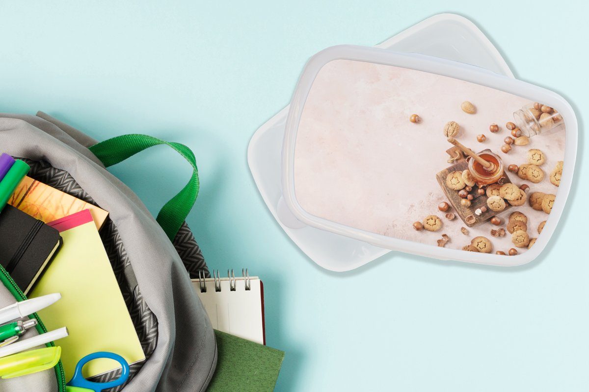 Lunchbox Kunststoff, Kinder Erwachsene, und Brotbox - - Küche, Jungs MuchoWow Nüsse (2-tlg), für weiß und Brotdose, Kekse Mädchen - Honig für