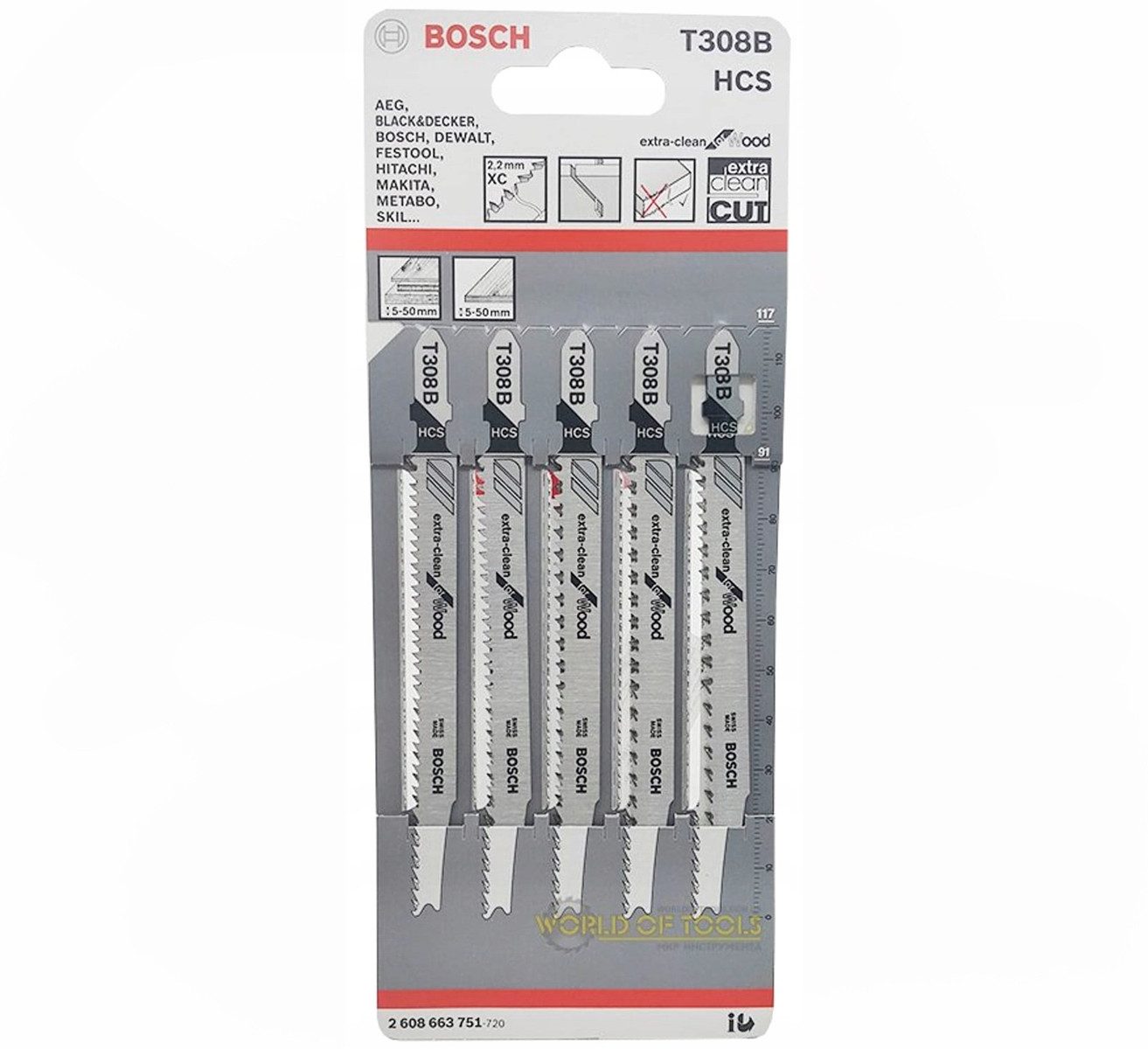 BOSCH Stichsägeblatt 5x Bosch T308B HCS Stichsägeblätt Extraclean Holz Multiplex Platten
