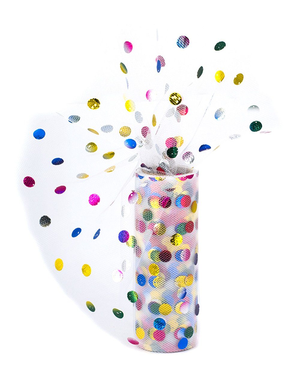 Creativery Stoff, Tüll Stoff Rolle mit Punkten 15cm x 9m Weiß / Bunt Regenbogen