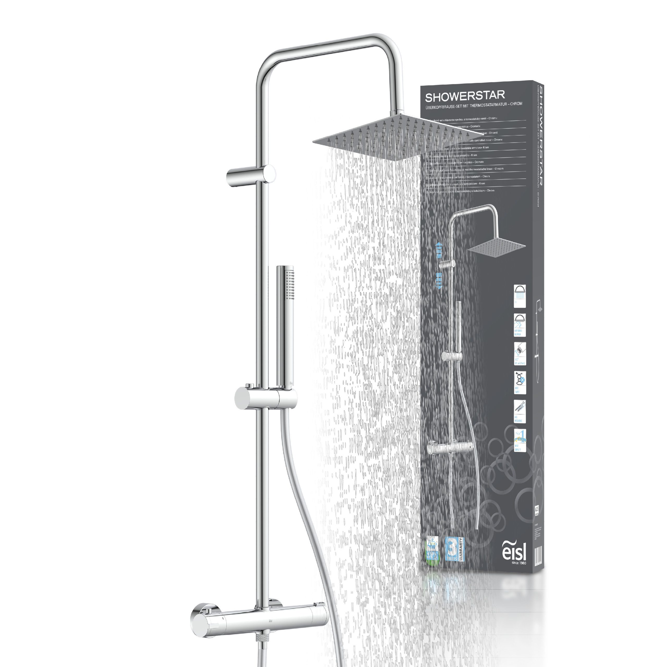 Eisl Brausegarnitur SHOWERSTAR, Höhe 96 cm, 1 Strahlart(en), Komplett-Set, Regendusche 20x20cm, Umsteller, Antikalk, höhenverstellbar, Thermostat