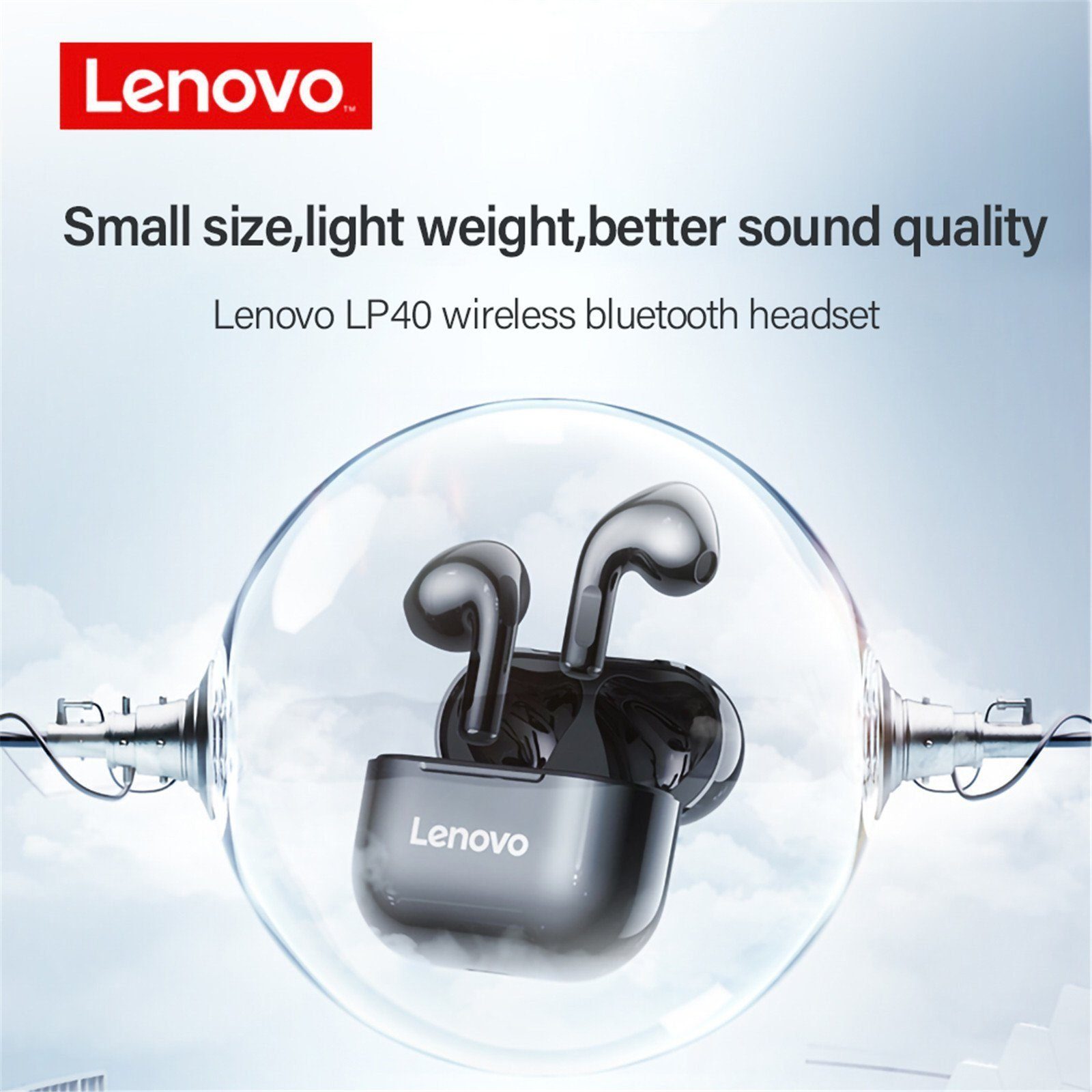 Lenovo LP40 mit Touch-Steuerung Bluetooth-Kopfhörer (True Wireless, Bluetooth 5.0, kabellos, Stereo-Ohrhörer mit 300 mAh Наушники-Ladehülle - Schwarz)