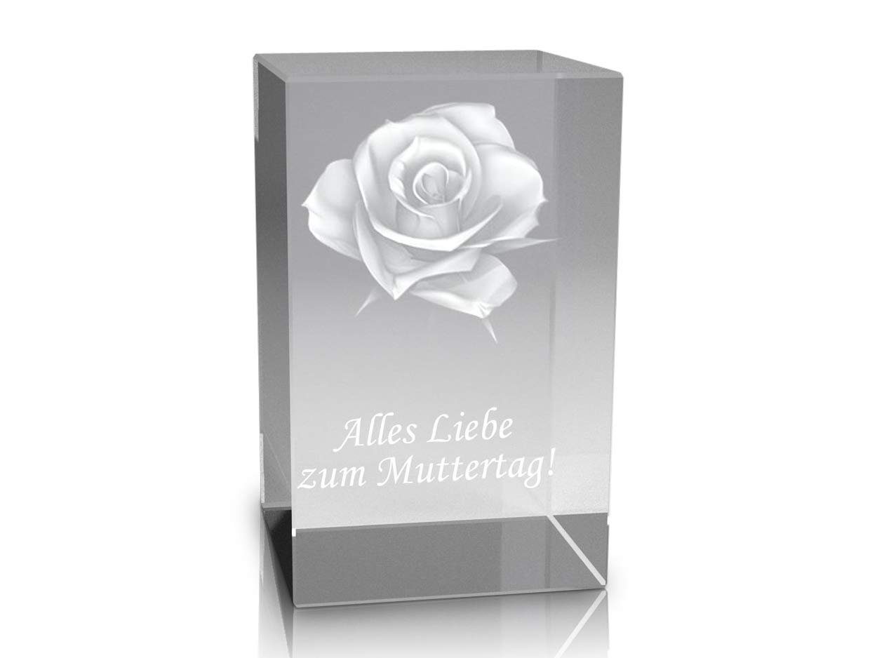 VIP-LASER Dekofigur 3D Glaskristall Rose mit Text 'Alles Liebe zum Muttertag', Hochwertige Geschenkbox, Made in Germany, Familienbetrieb
