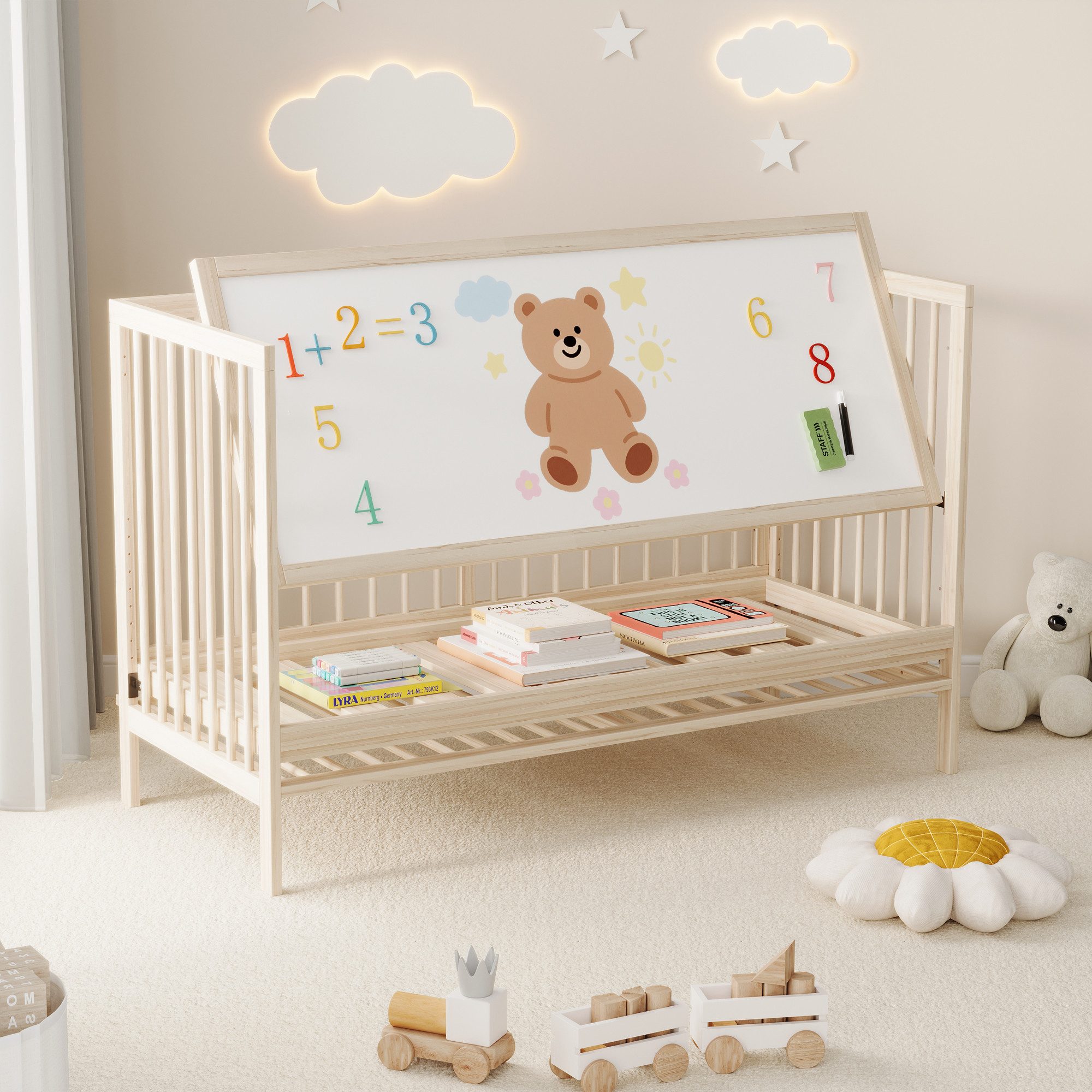 Babybett mit Staffelei&Schreibtisch umwandelbar in Beistellbett aus Kiefernholz