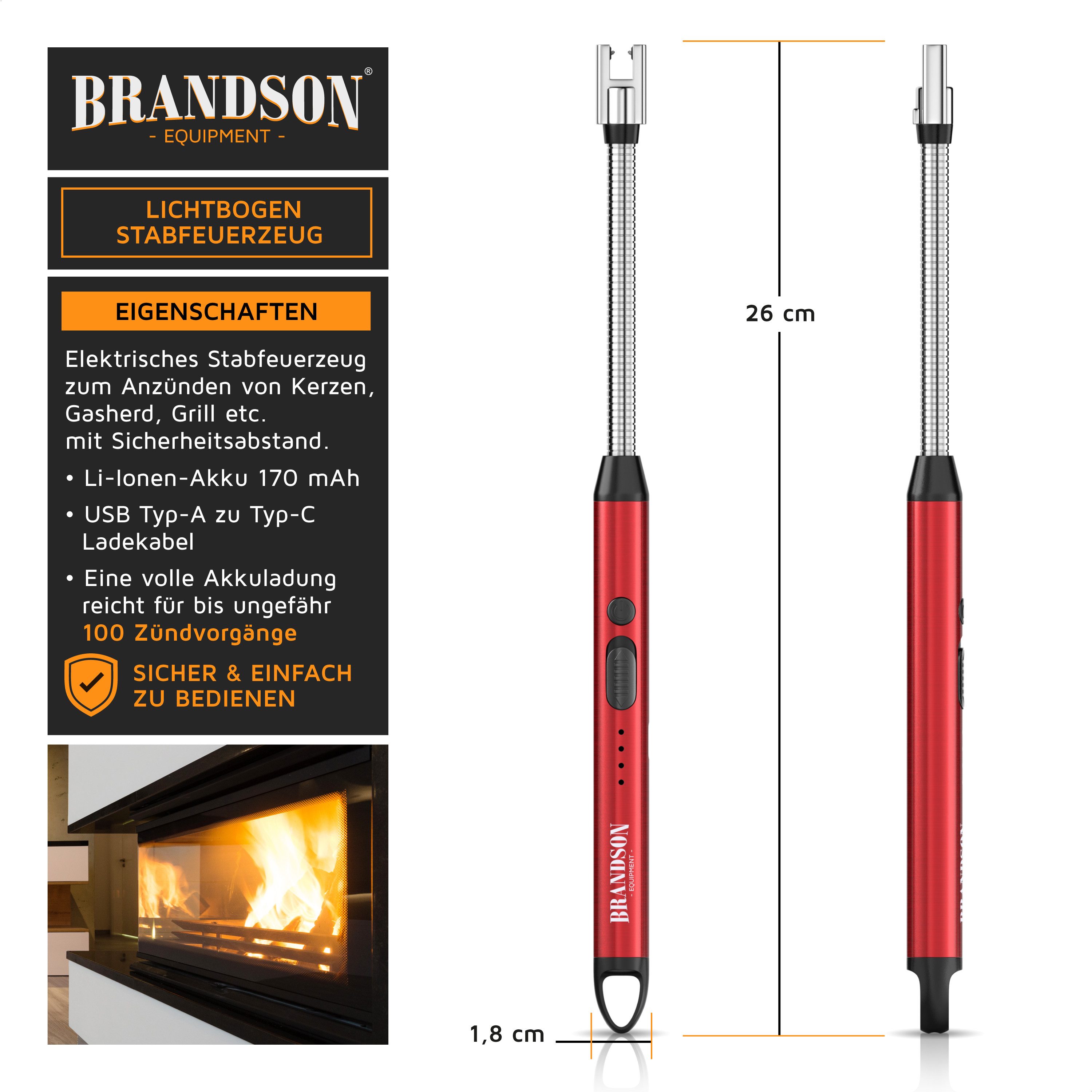 Brandson Feuerzeug elektrisch, Lichtbogen Stabfeuerzeug USB aufladbar, USB-C aufladbar, flexibler Hals für, Kerzen, Gasherde, Grill, Kamin