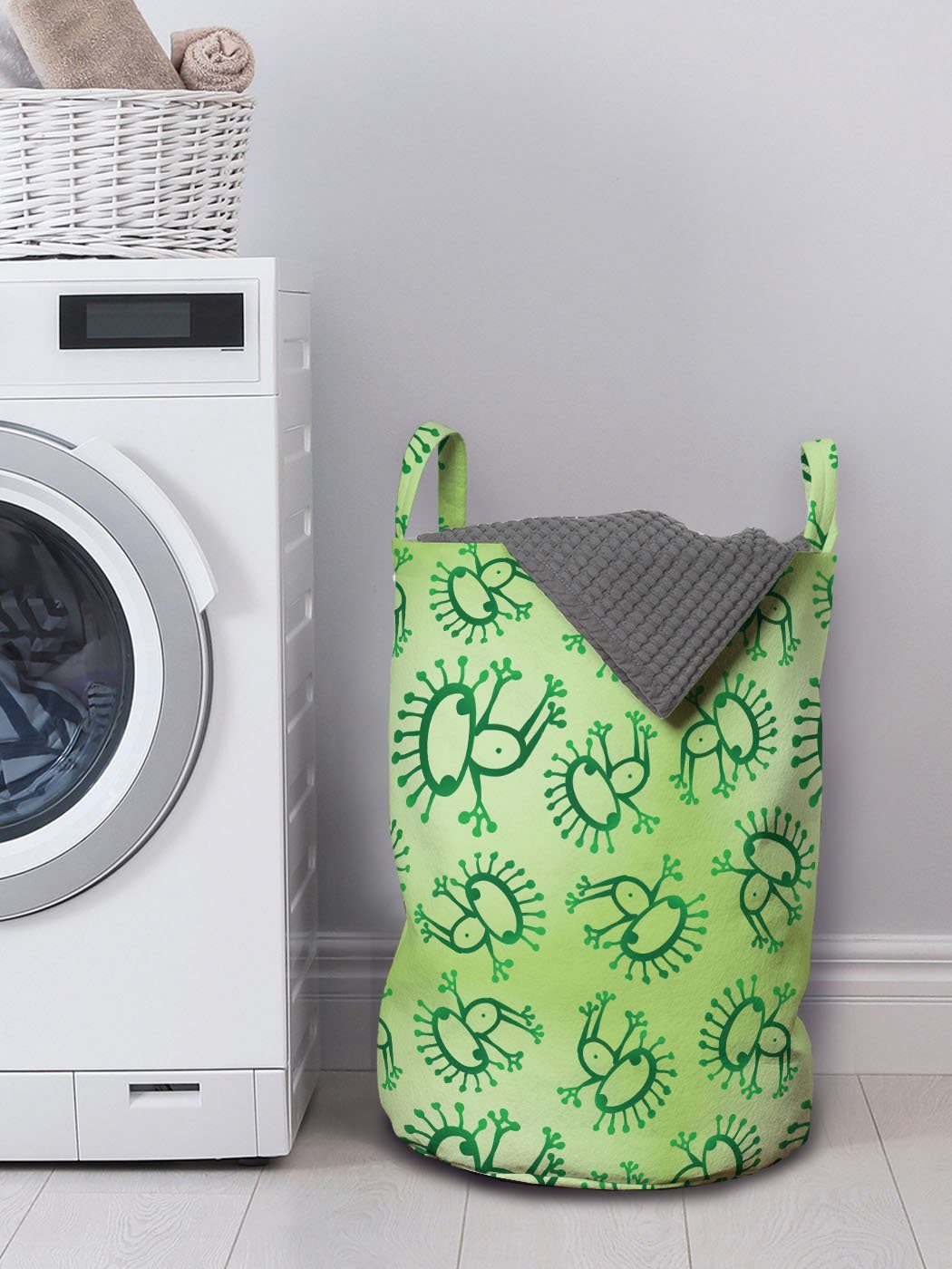 Wäschekorb Frösche Kordelzugverschluss mit Art Abakuhaus Griffen für Waschsalons, Wäschesäckchen Doodle Alien Grün