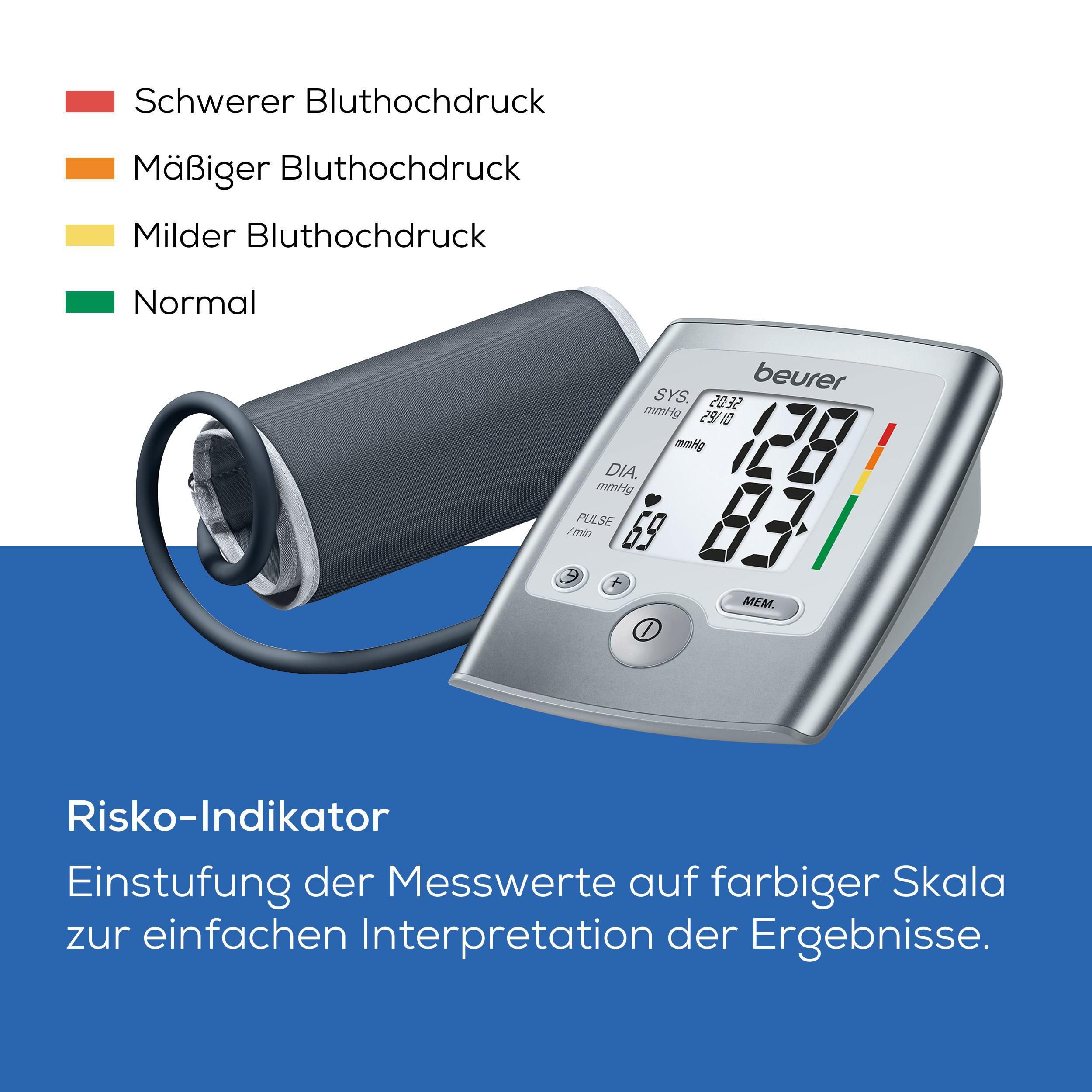 BEURER Oberarm-Blutdruckmessgerät BM 35 mit farbigem Risikoindikator, Durchschnittswertberechnung, Mit Arrhythmie-Erkennung, inkl. Aufbewahrungstasche und Blutdruckpass