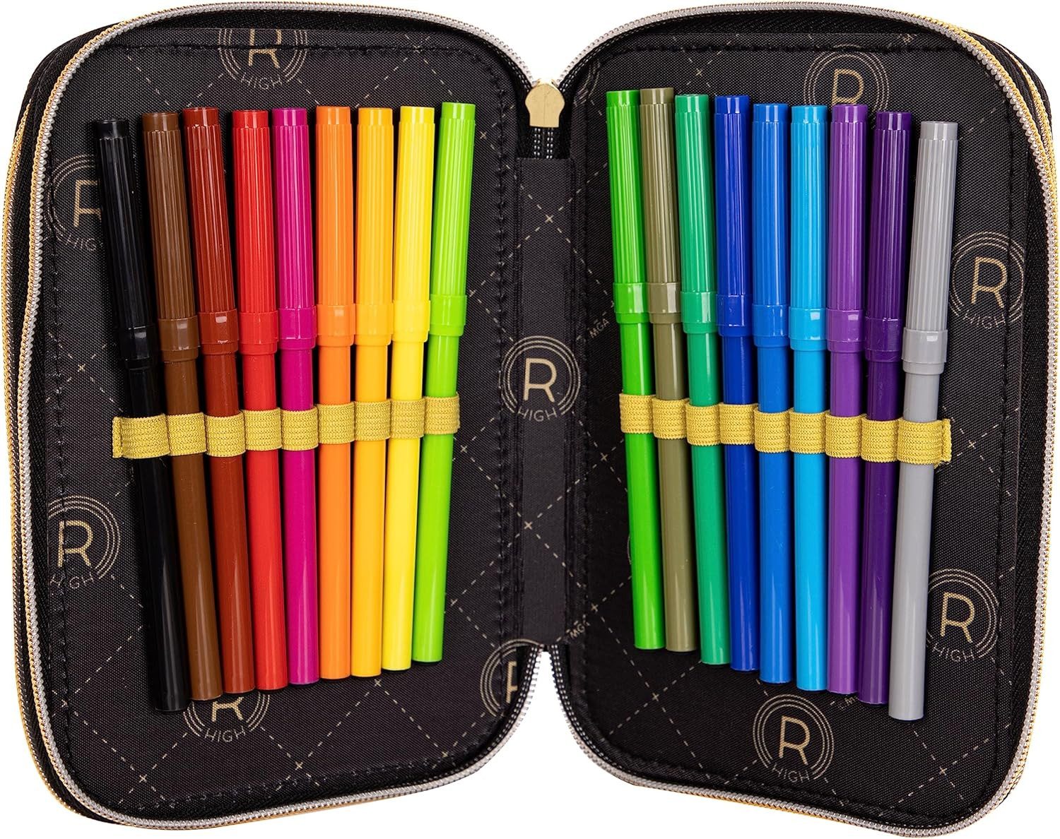 GOLDKIDS Federmäppchen Federtasche 3-fache Federmappe, (Rainbow High Golden Style Motiv Federmäppchen, 1-tlg., 46-teilig gefüllte Schüleretui Stifte und Pinsel inkl), Aufgabenheft Federbox Etui Schul-Etui