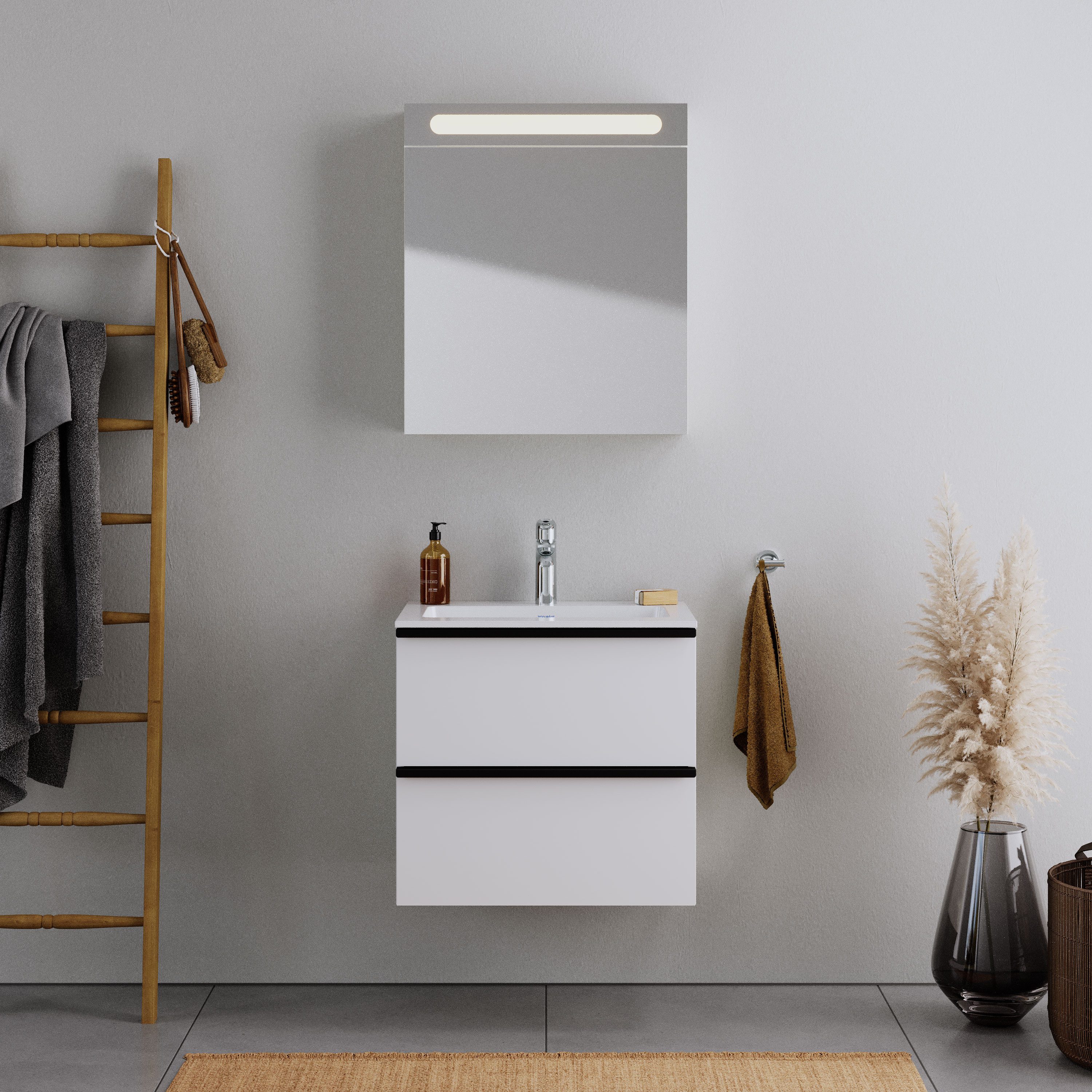 Duravit Badmöbel-Set DuraPoint Weiß matt 60cm Mineralguss, Badmöbel Set Unterschrank Mineralguss Waschbecken 2 Auszüge