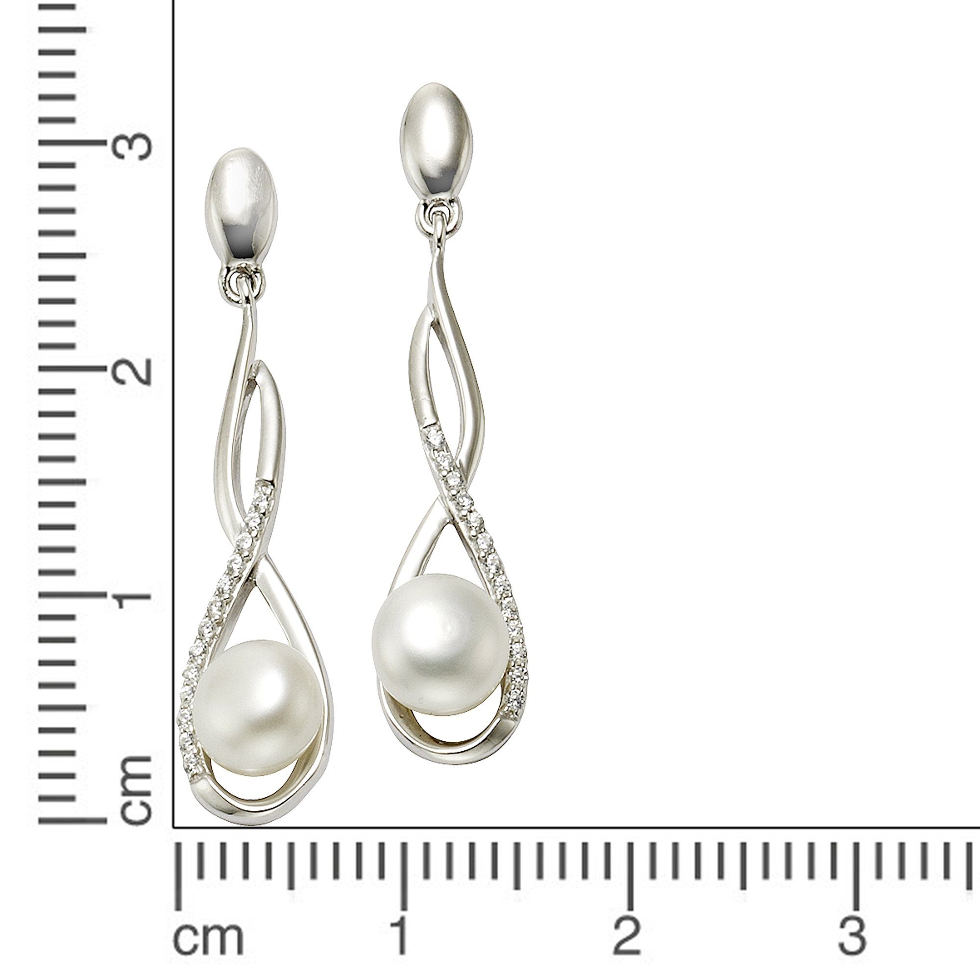 Silber Ohrhänger mit Zeeme Zirkonia rhodiniert Perle 925 Paar weiß und