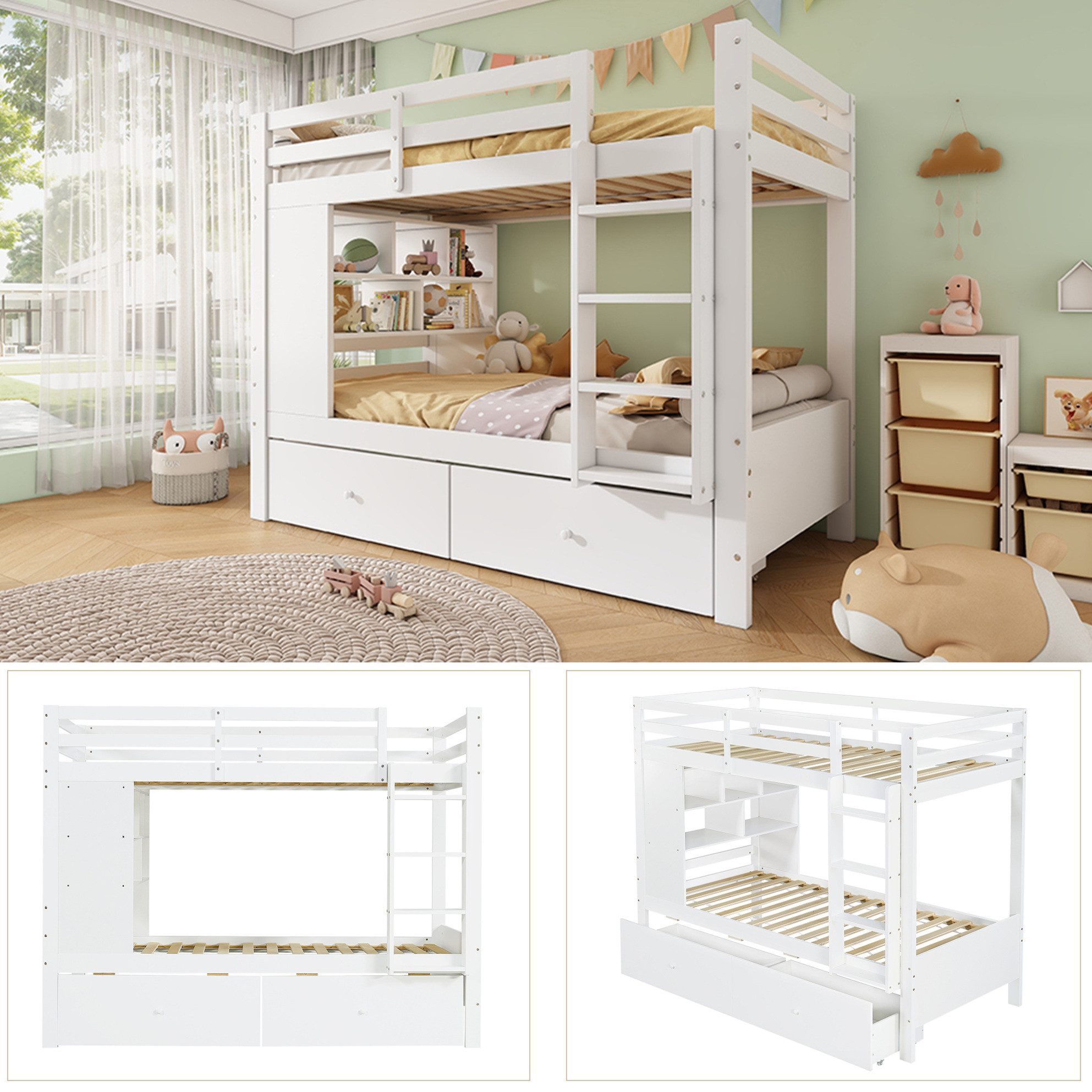 REDOM Etagenbett Kinderbett mit zwei Schubladen und integriertem Regal (Holzbett 90x200cm, mit praktischer Aufstiegsleiter, Jugendbett Stauraumbett), ohne Matratze