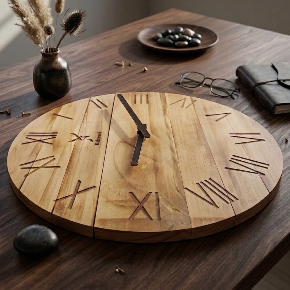 Holzwerk Wanduhr Designer Loft Quarzwanduhr aus Holz (Nahezu lautloses Uhrwerk, analog, 35 cm)