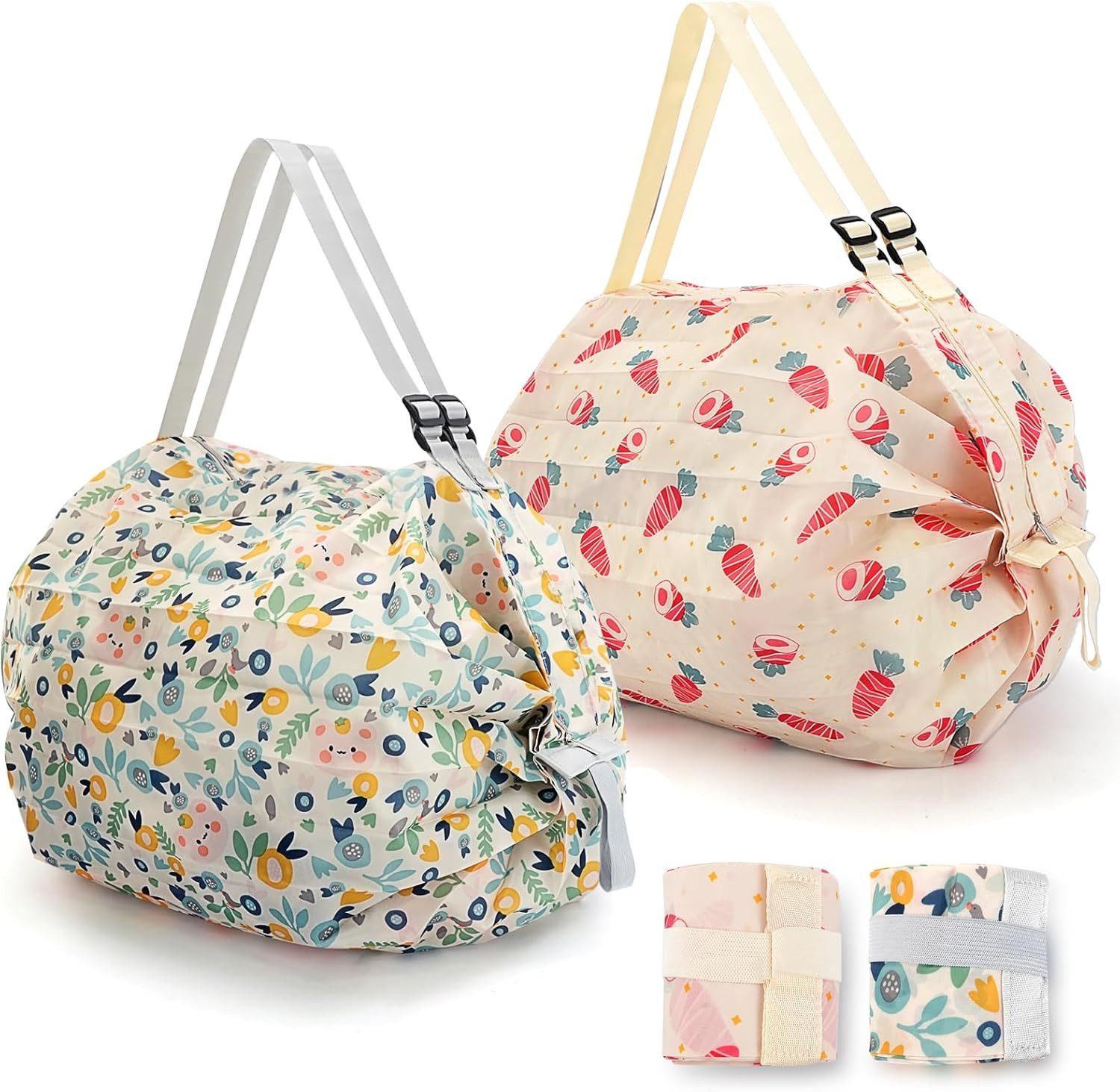 FOUORTUNATE-BEE Handtasche 2er Set faltbare Einkaufstaschen mit Reißverschluss, groß, Wiederverwendbare Damen-Tasche für Reisen, Camping & Strand