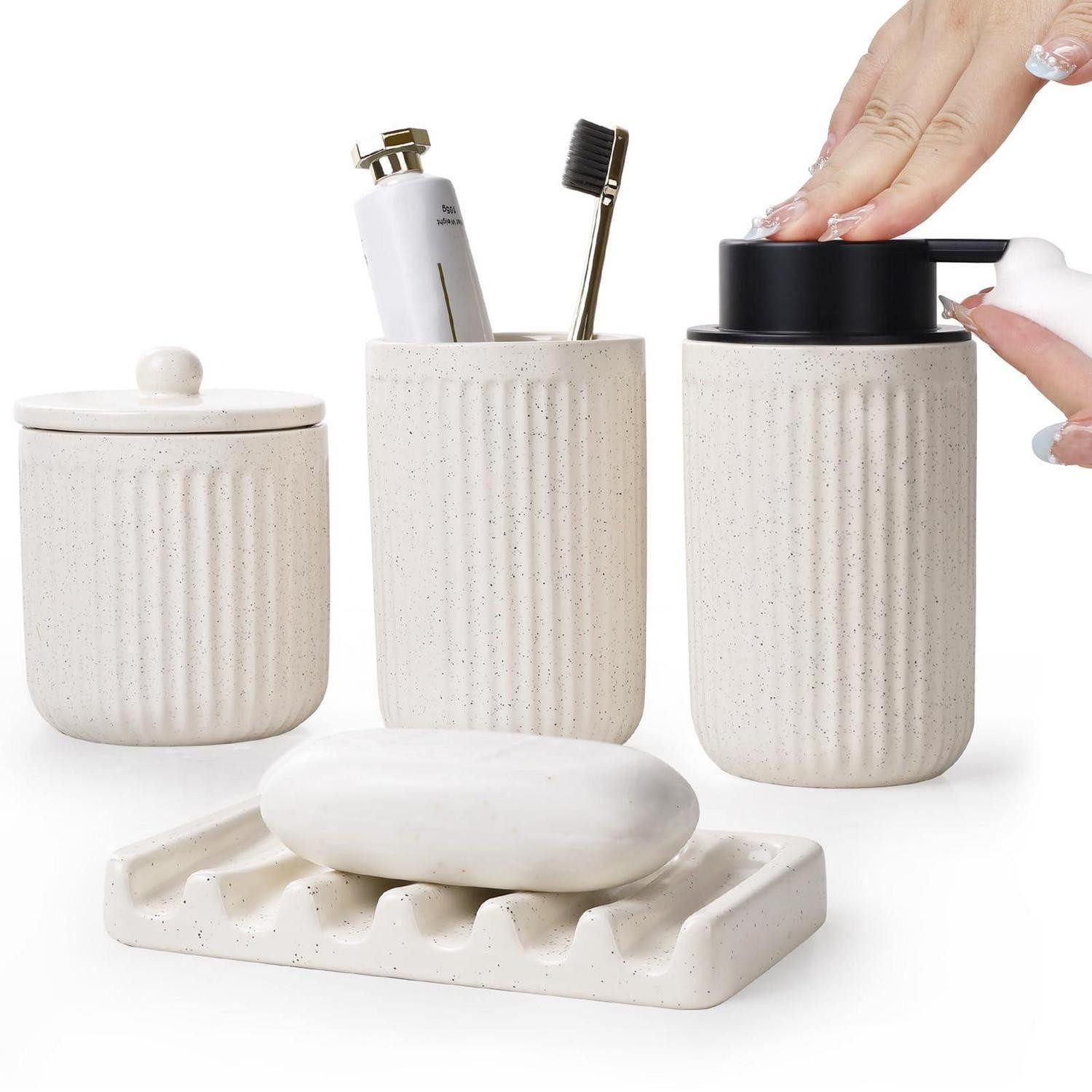 LuxusKollektion Badaccessoire-Set Badezimmer Set 4-tlg Keramik Beige Tupfen