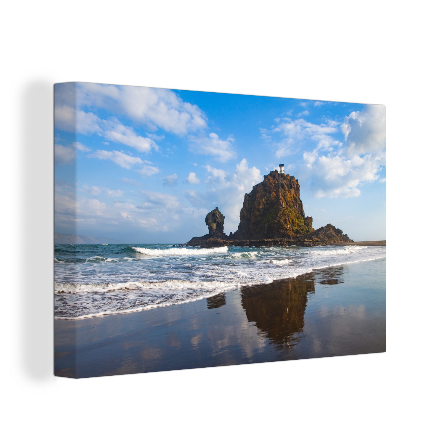 OneMillionCanvasses® Leinwandbild Felsen mit Leuchtturm Neuseeland Foto, (1 St), Wandbild Leinwandbilder, Aufhängefertig, Wanddeko, 30x20 cm