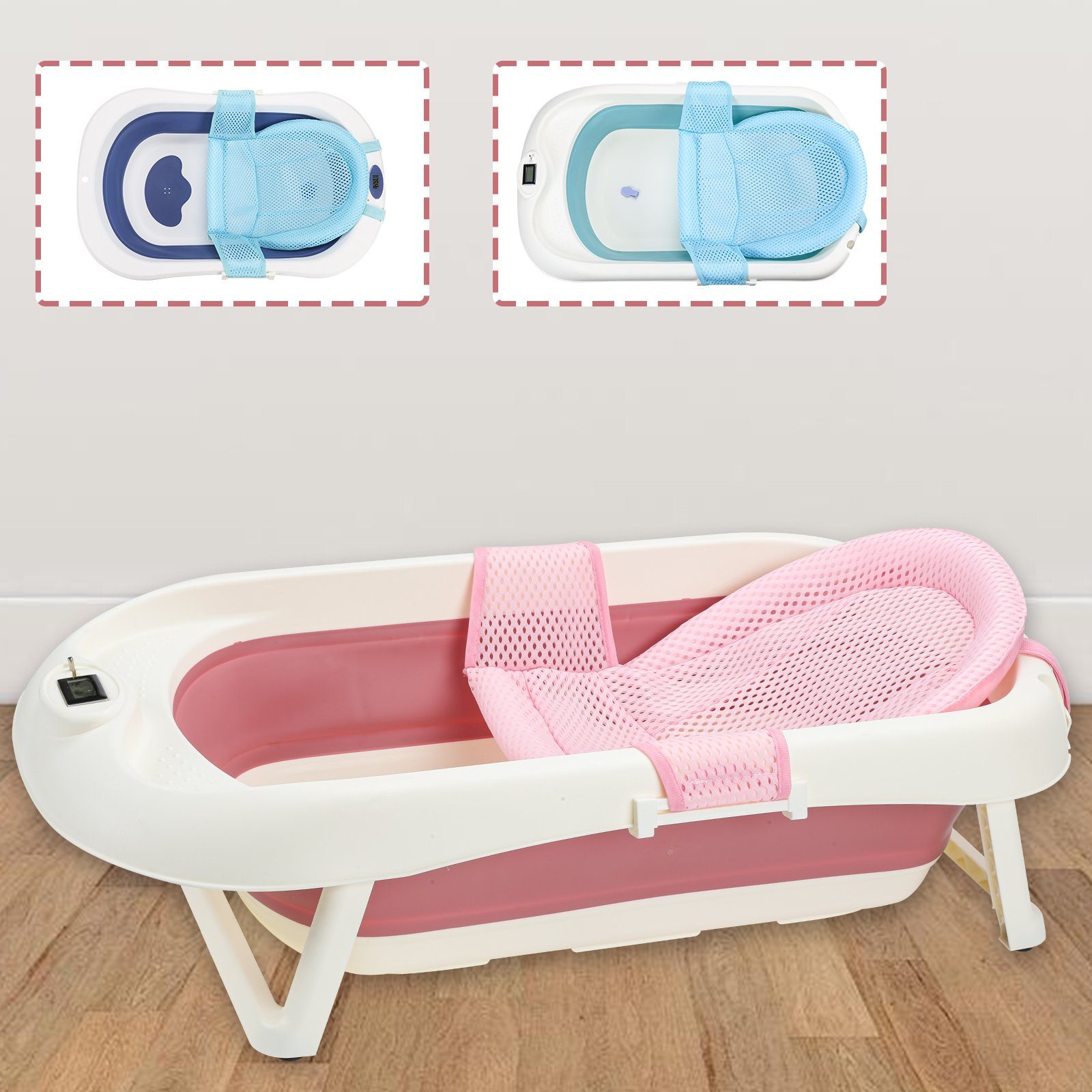 Bettizia Babybadewanne Faltbadewanne Badewanne Babybadewanne mit Abfluss (Rosa mit Kissen)