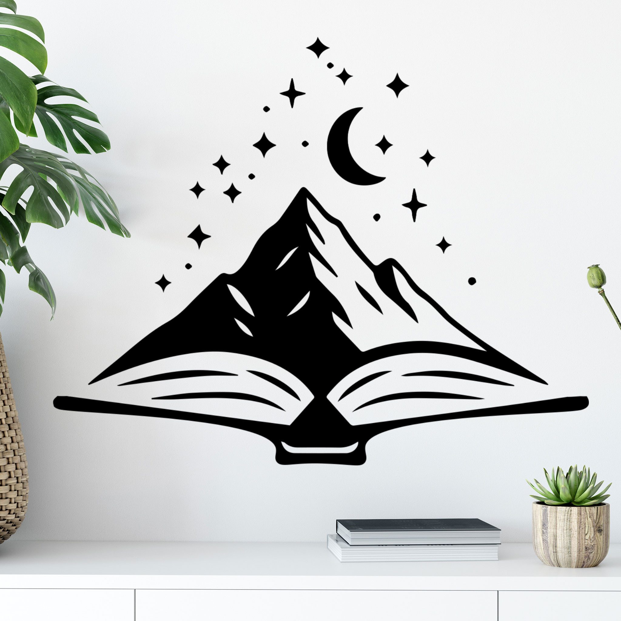 Sunnywall Wandtattoo Bookish Buch und Berge – minimalistisches Motiv mit Sternenhimmel, selbstklebend, konturgeschnitten, rückstandslos entfernbar