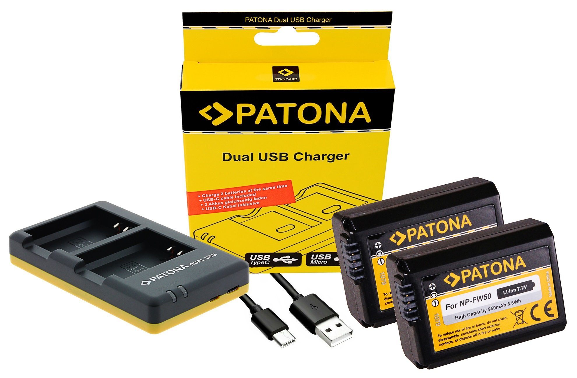 USB-C 1 Kamera 6000, NP-FW50 Premium V), 950 6400 7,2 Alpha mAh Akku Zubehör-Set, (7,2 Ersatz, in Akku 950 Kamera Kamera-Akku 6300, 3 inkl. mAh für Ladegerät V Sony Patona