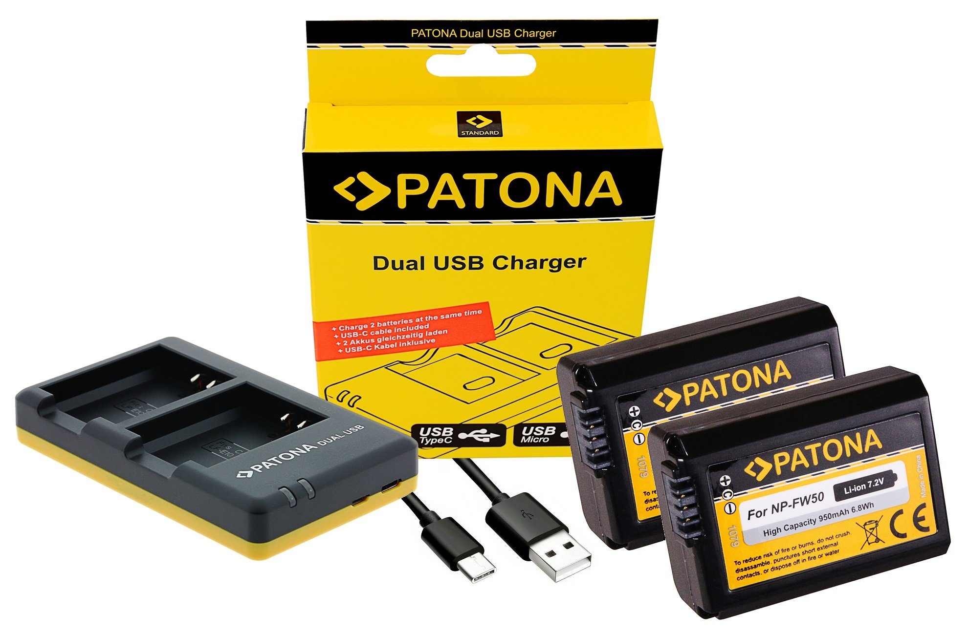 Patona 3in1 Zubehör-Set, USB-C Ladegerät für Sony Alpha 6000 6400 6500 und 2x Kamera-Akku NP-FW50 950 mAh (7,2 V), Premium Kamera Akku Ersatz, 950 mAh 7,2 V inkl. USB-C Ladegerät