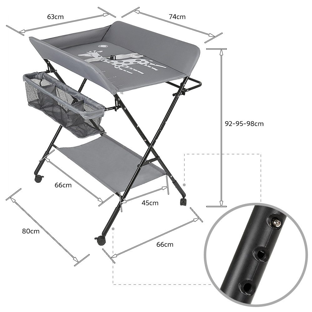 JEOBEST Wickeltisch Wickelauflage Mulde Kommode Unterlage Wickeln Baby Kind (KLAPPBAR), (1-tlg), Höhenverstellbar, Wasserdichte, Staufach, Mit Bremse – Bild 3 von 5