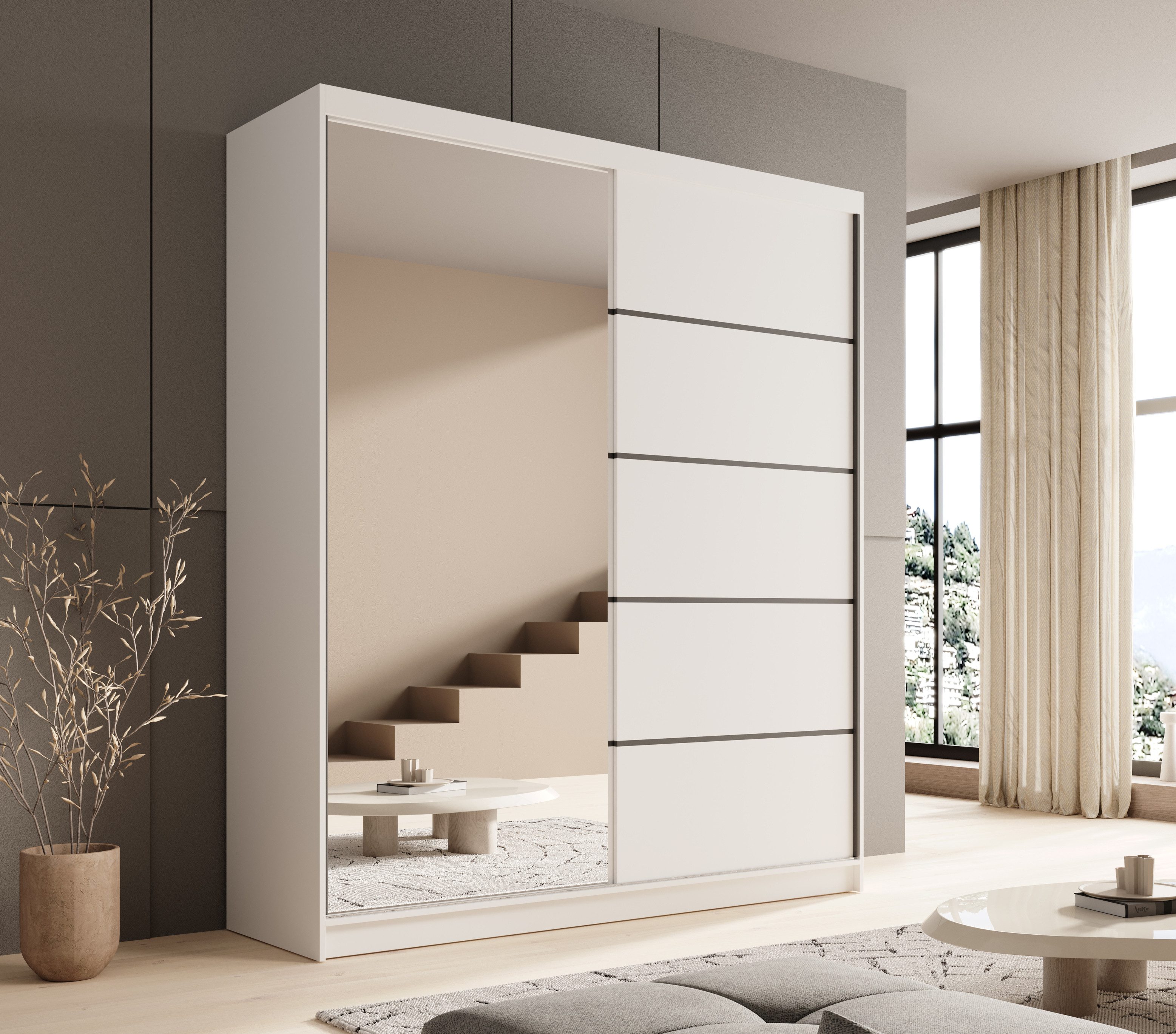 MOEBLO Schiebetürenschrank Nexo 180 (Moderner Kleiderschrank mit Spiegel für Schlafzimmer und Ankleidezimmer, 2 Schiebetüren, 6 Einlegeböden, stabile Kleiderstange, Kleiderschrank 2-türig Schrank Garderobe Schlafzimmer Drehtürenschrank mit Spiegel) (BxHxT): 180x215x58 cm