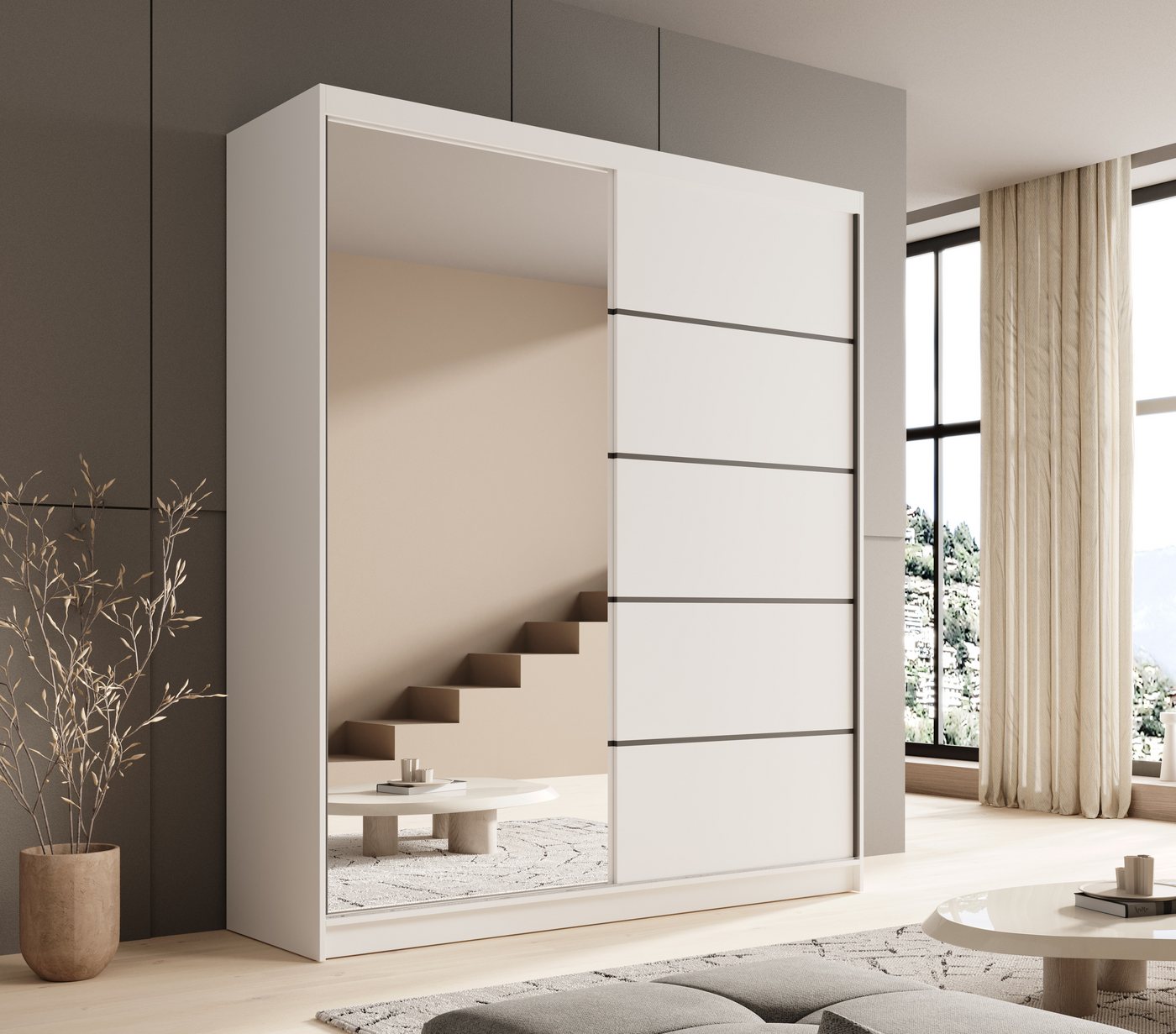 MOEBLO Schiebetürenschrank Nexo 180 (Moderner Kleiderschrank mit Spiegel für Schlafzimmer und Ankleidezimmer, 2 Schiebetüren, 6 Einlegeböden, stabile Kleiderstange, Kleiderschrank 2-türig Schrank Garderobe Schlafzimmer Drehtürenschrank mit Spiegel) (BxHxT