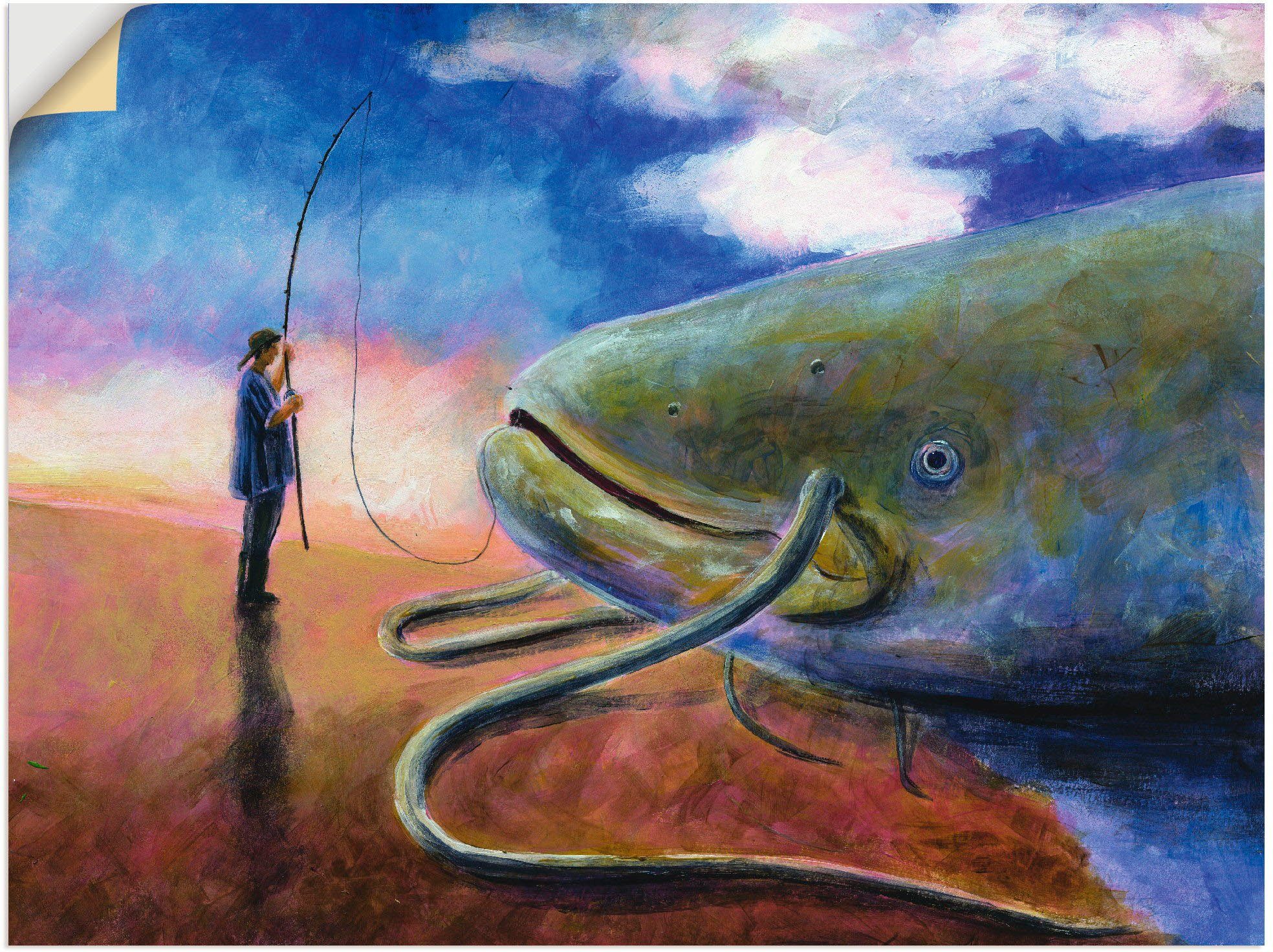 Artland Wandbild Einen dicken Fisch an Land ziehen, Wassertiere (1 St), als Leinwandbild, Wandaufkleber oder Poster in versch. Größen
