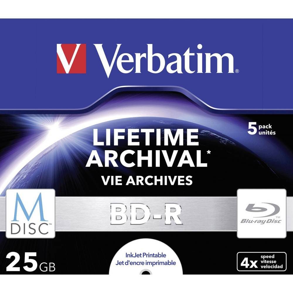 Verbatim Blu-ray-Rohling M-Disc BD-R 25GB Bedruckbar 4x 5er Jewel Case 43823, Bedruckbar