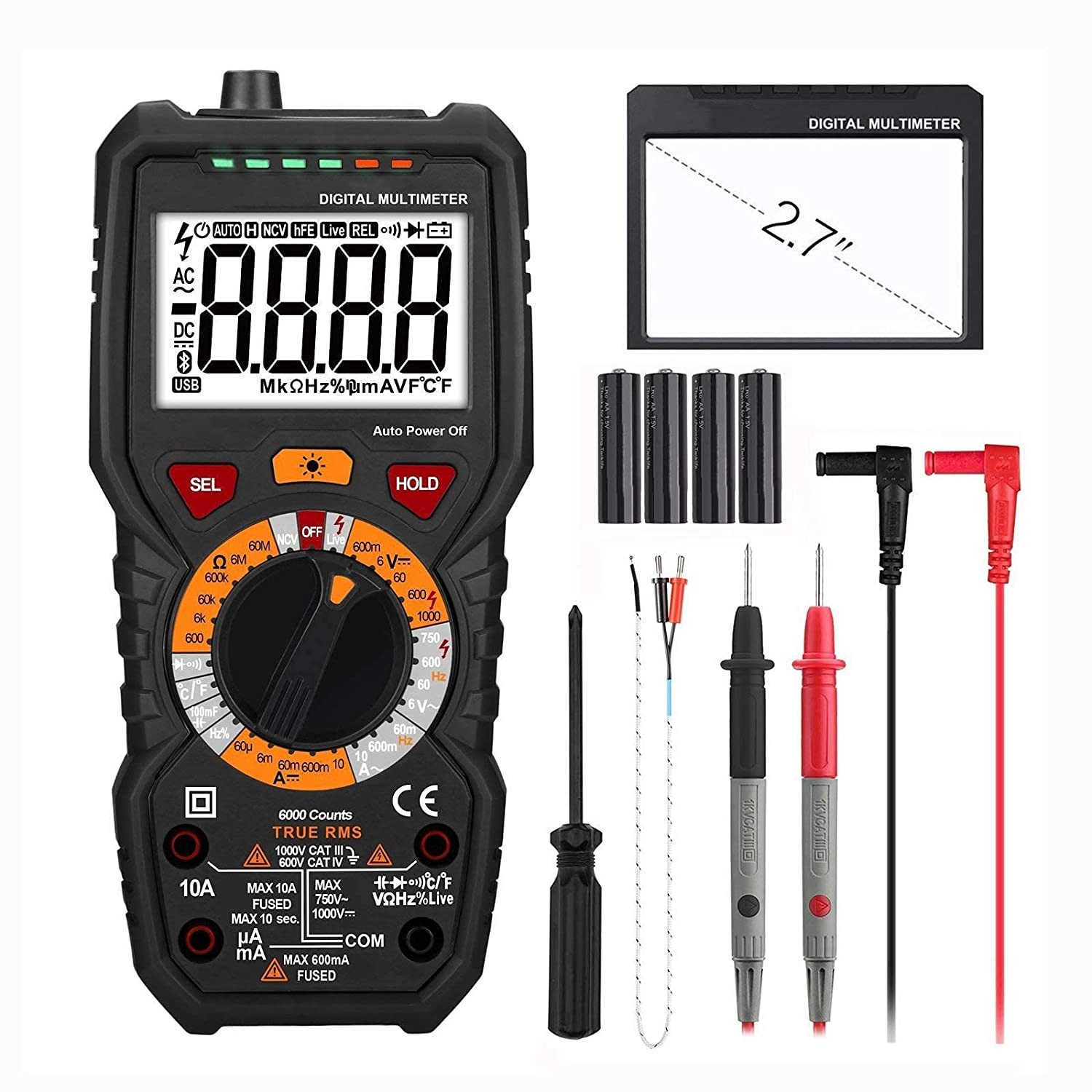 TACKLIFE Multimeter Digital Multimeter Strommessgerät mit 6000 Counts, (Batterie nicht beigfügt)