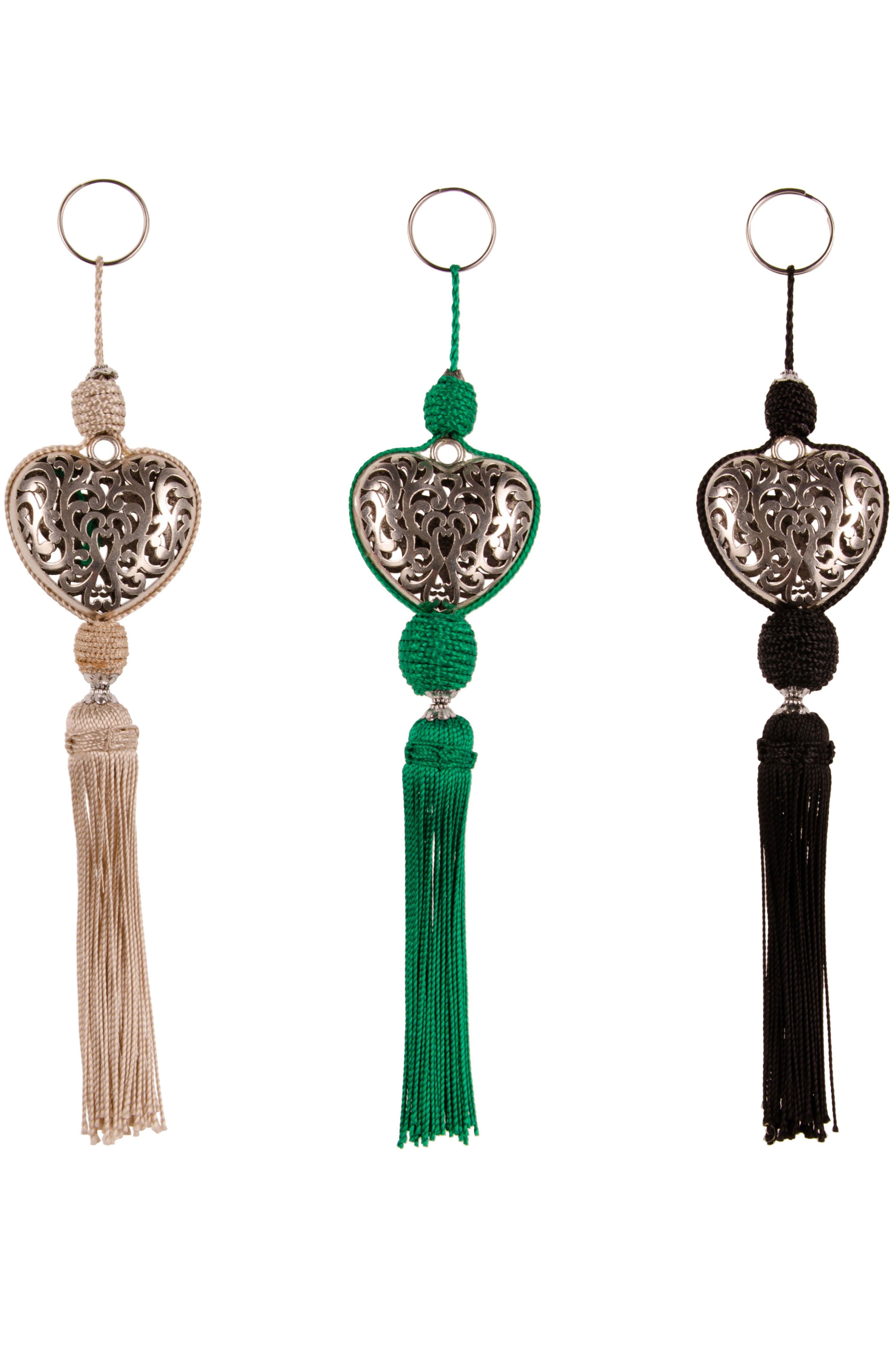 Marrakesch Orient & Mediterran Interior Anhänger Schlüssel 3er SET Orientalische Taschen Anhänger Herz-form Kombination 3, 22cm (Set, 3-tlg., Enthält 4 handgefertigte Anhänger mit Quaste und Metallanhänger), Handarbeit