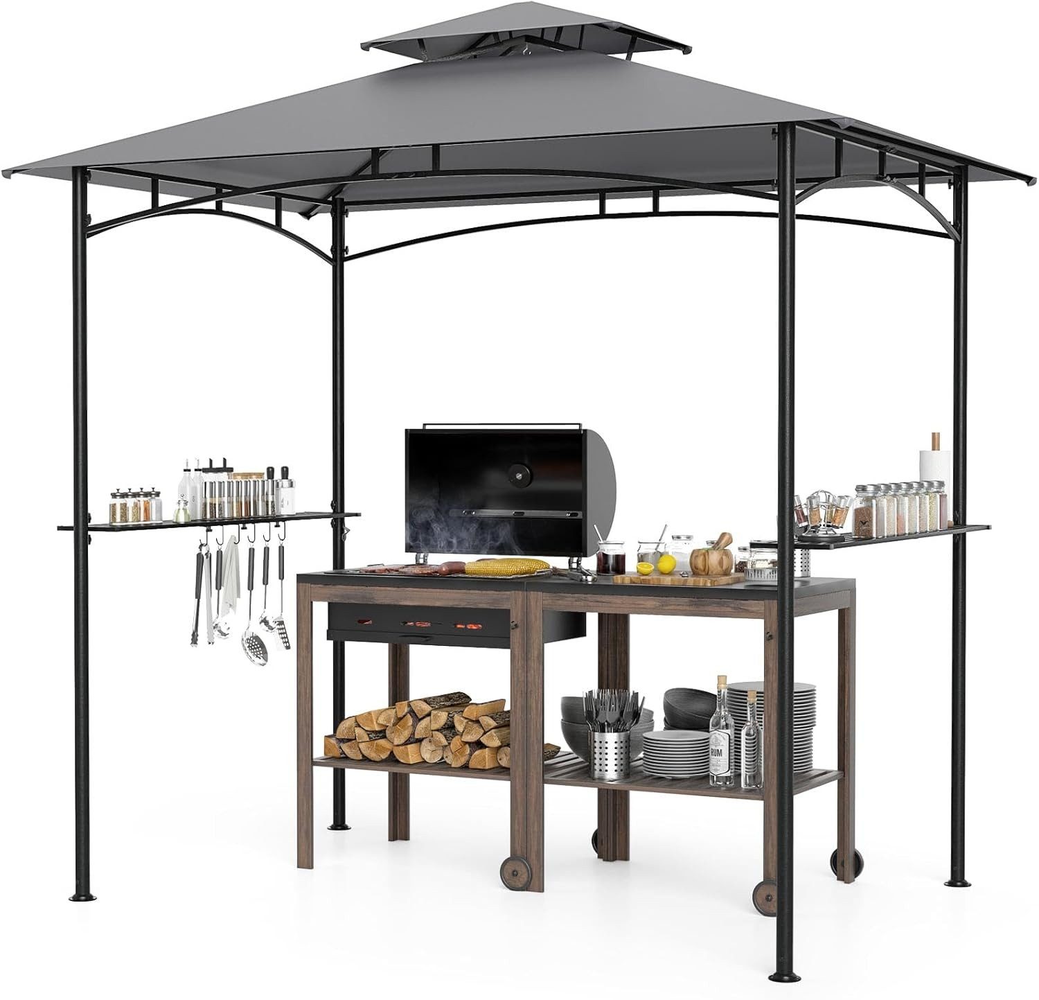 COSTWAY Grillpavillon, doppelstöckiges Grilldach mit 2 Ablagen & 6 Haken