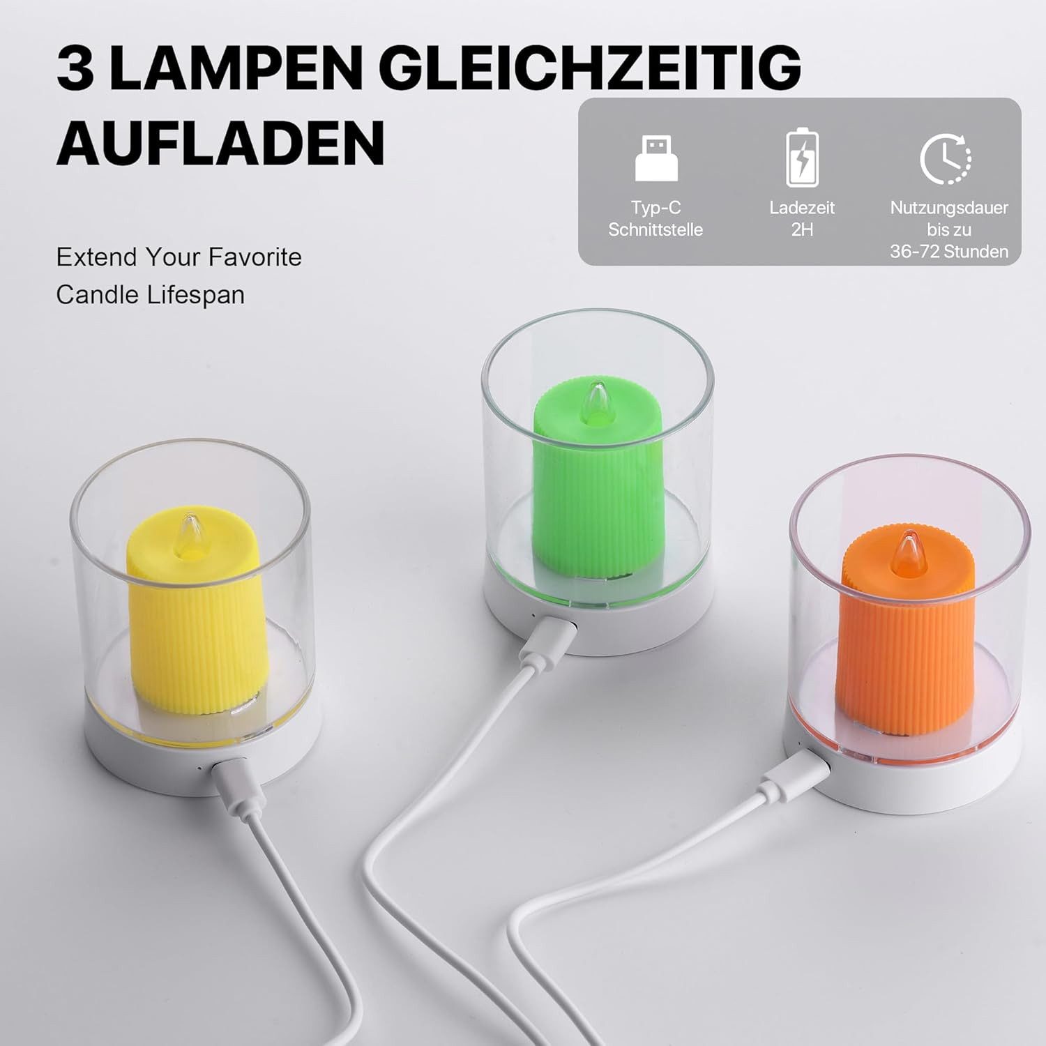 LA CUTE LED-Kerze MiLi LED-Teelichter Set, flammenlos, wiederaufladbar, warmweiß (Wiederaufladbares LED-Teelicht-Set, 3er-Set, warmweiß, für Wohnräume., 3-tlg., 3 LED-Teelichter Silikonhüllen Typ-C-Ladekabel, warmweißes Licht), Flammenlose LED-Kerze, wiederaufladbar abnehmbaren Silikonhüllen.
