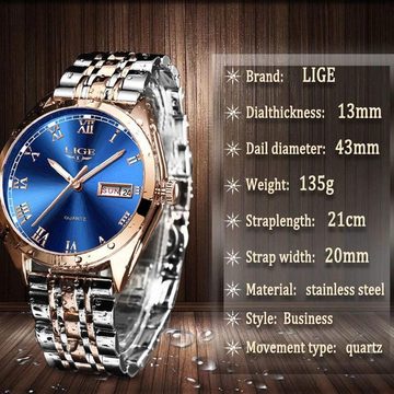 Lige LG9904A-HSJ-DE-XD Watch, Mode Edelstahl Herrenuhr Wasserdicht Luxus Analog Quarz
