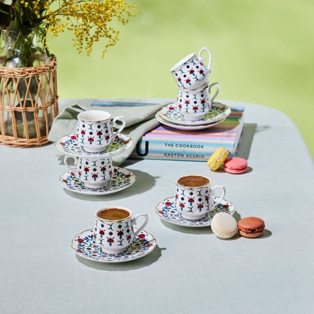 Karaca Kaffeeservice Karaca Ebruli 100 ml Kaffeetasse mit Untertasse Set für 6 Personen