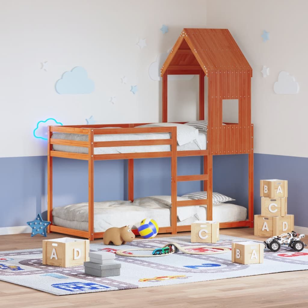 Bett Praktisches Etagenbett mit Bettdach 205,5x85,5x112 cm Wachsbraun