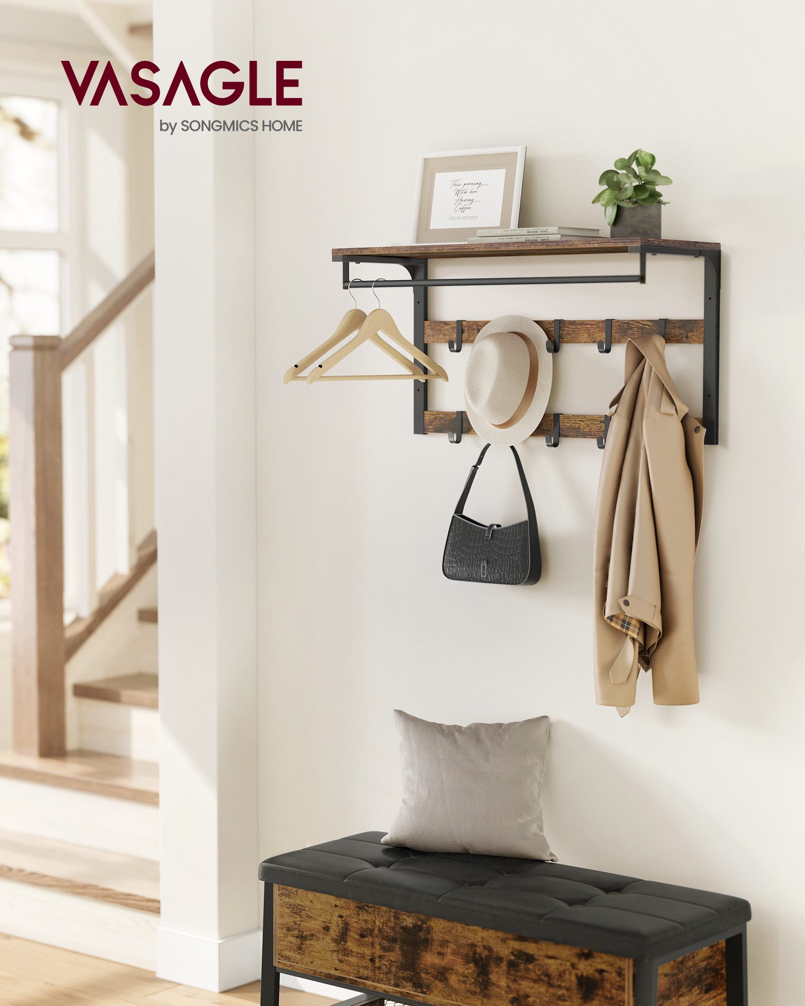 VASAGLE Wandgarderobe, Wandregal, mit Haken, 80 x 30 x 42 cm (L x B x H)